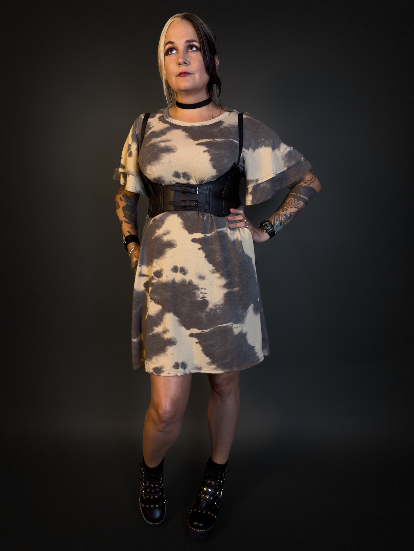 Outfit Set - Charcoal Ruffeld Sleeve Tie Dye Pockets Dress & Harness Corset Belt Punk Style