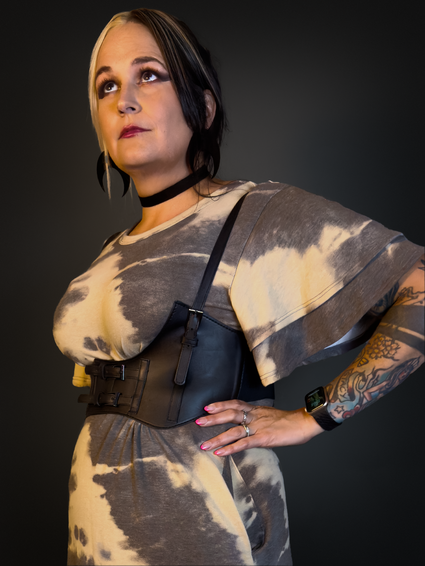 Outfit Set - Charcoal Ruffeld Sleeve Tie Dye Pockets Dress & Harness Corset Belt Punk Style