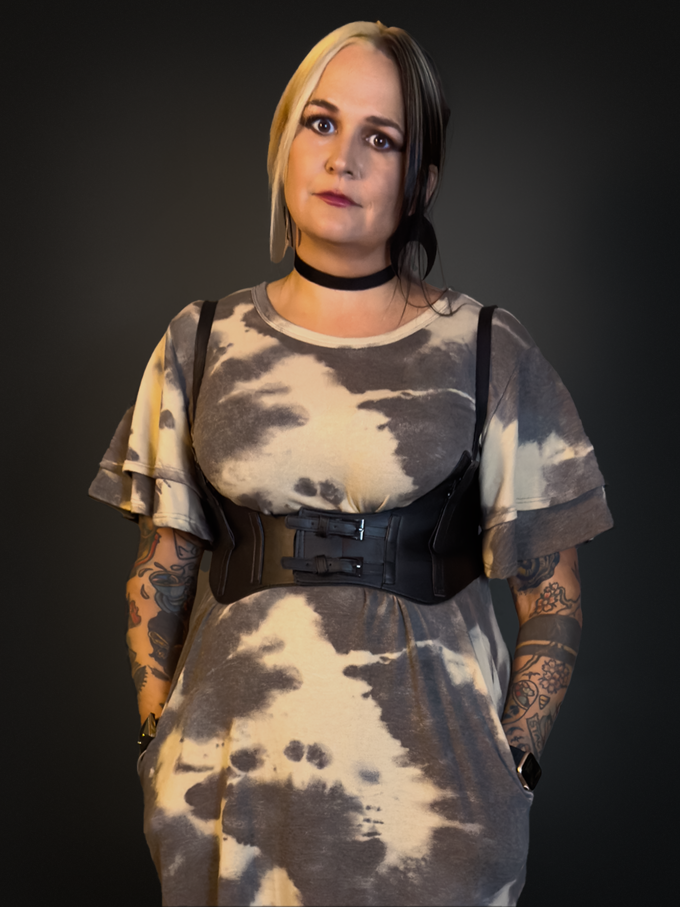 Outfit Set - Charcoal Ruffeld Sleeve Tie Dye Pockets Dress & Harness Corset Belt Punk Style