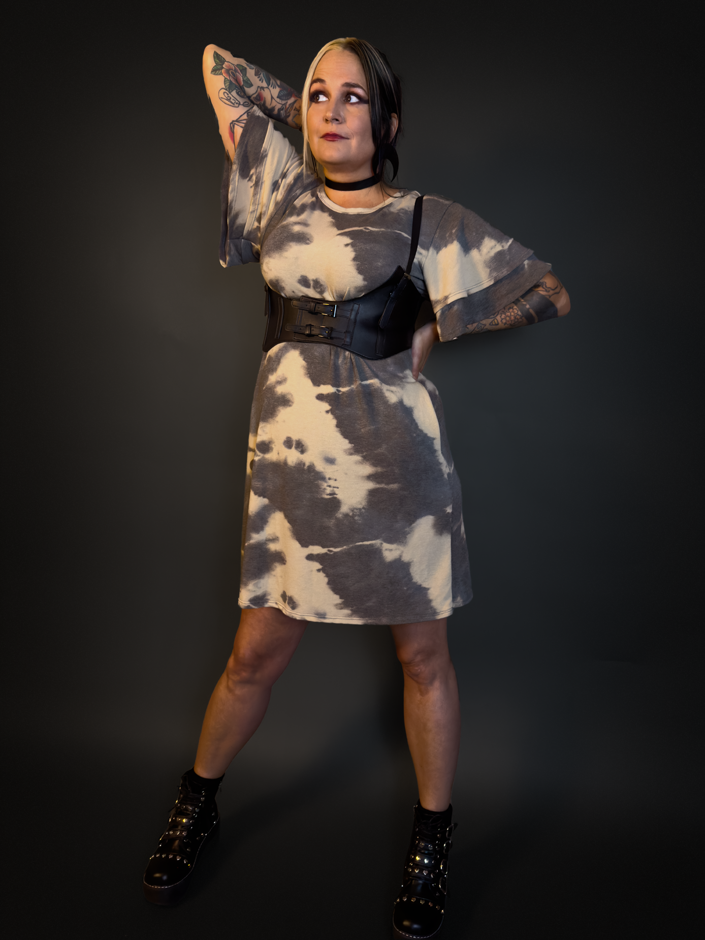 Outfit Set - Charcoal Ruffeld Sleeve Tie Dye Pockets Dress & Harness Corset Belt Punk Style