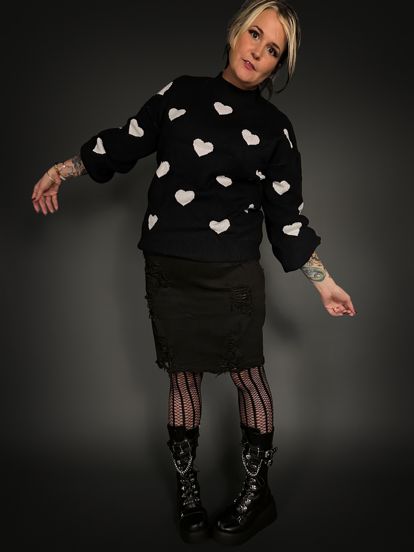 Outfit Set - Distressed Black Denim Skirt & Oversized Black Sweater with White Hearts