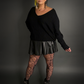 Outfit Set - Faux Leather Mini Skater Skirt & Dolman Batwing Sleeve Oversized Sweater