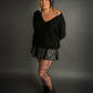Outfit Set - Faux Leather Mini Skater Skirt & Dolman Batwing Sleeve Oversized Sweater
