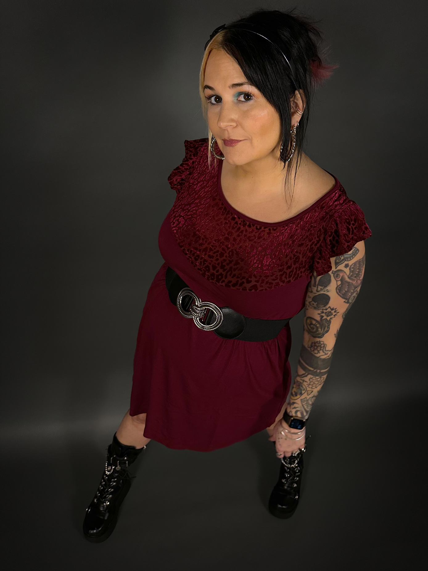 Outfit Set - Flutter Sleeve Animal Print Dress in Wine Red & Double Ring Rope Design Corset Belt