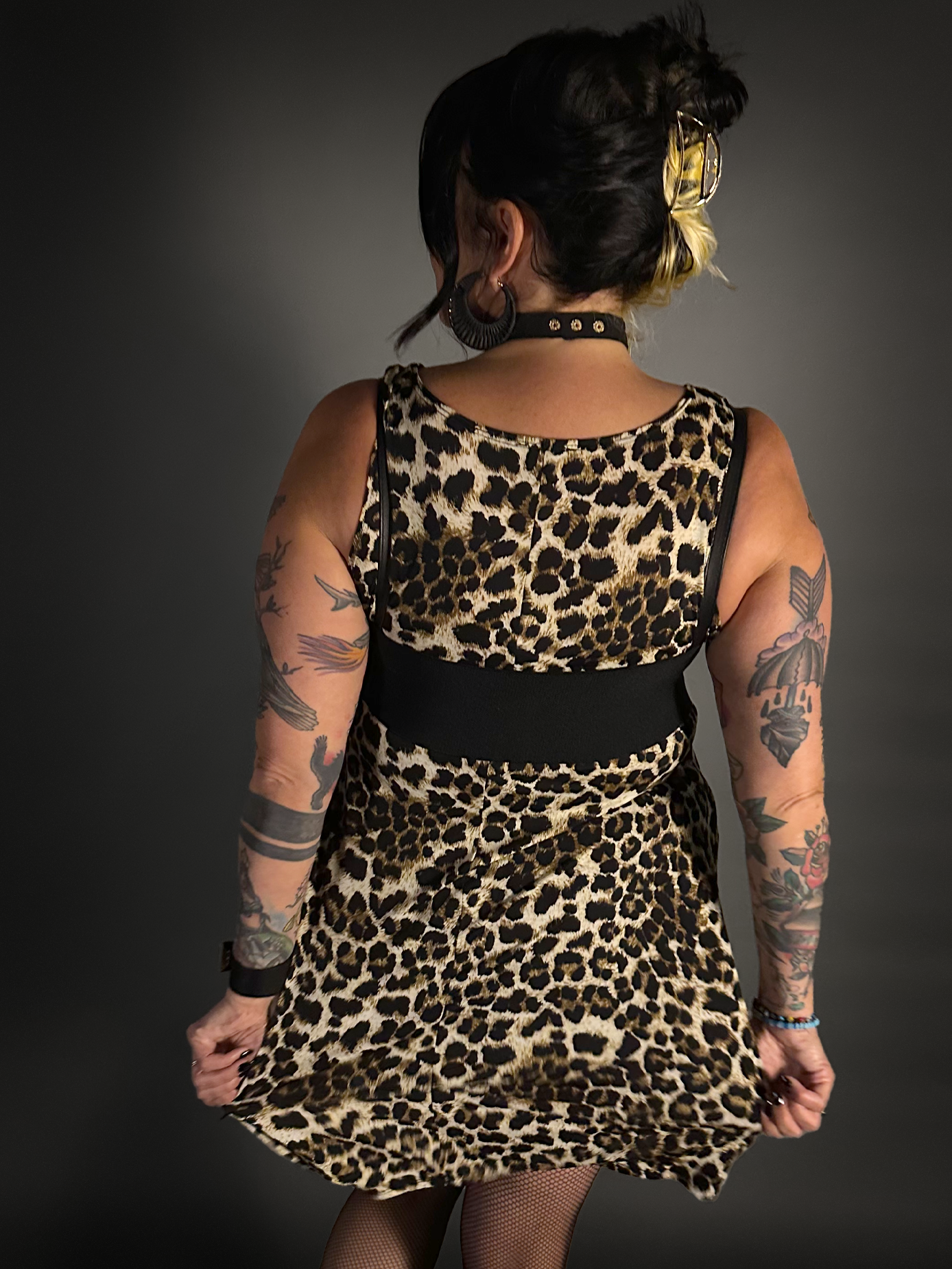 Outfit Set - Leopard Print Lightweight Stretch Dress with Pockets & Underbust Harness Corset Belt