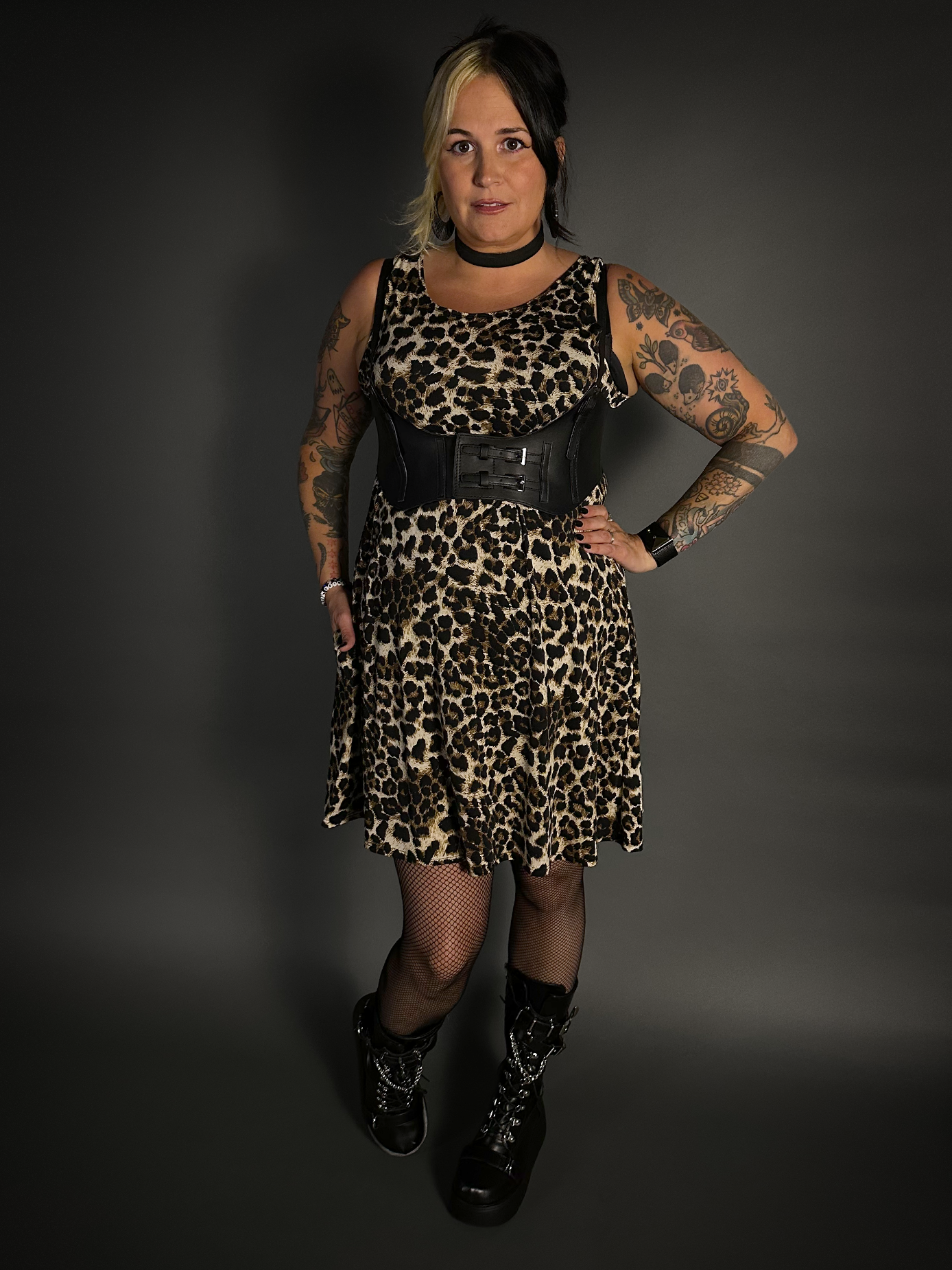 Outfit Set - Leopard Print Lightweight Stretch Dress with Pockets & Underbust Harness Corset Belt