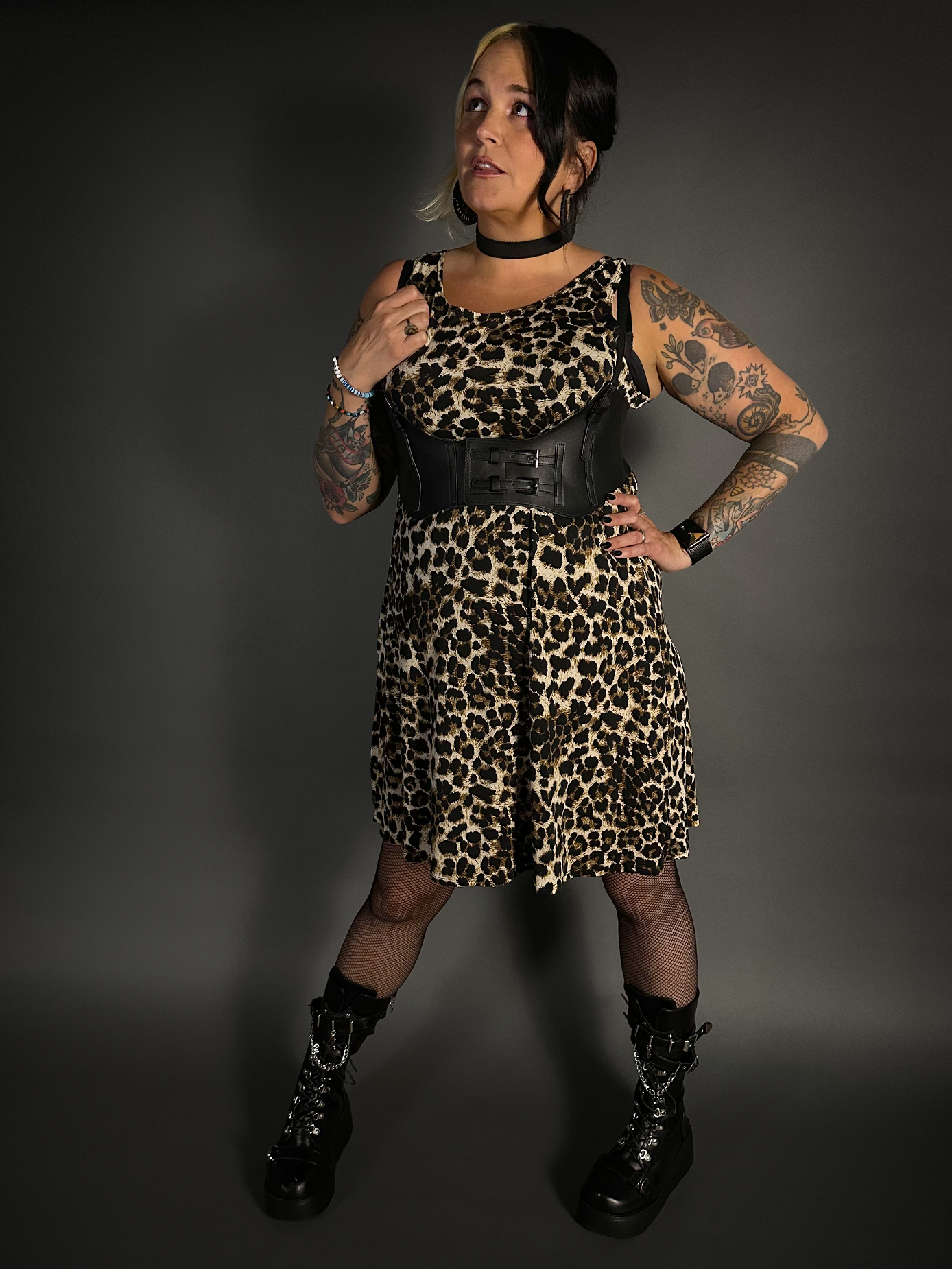 Outfit Set - Leopard Print Lightweight Stretch Dress with Pockets & Underbust Harness Corset Belt