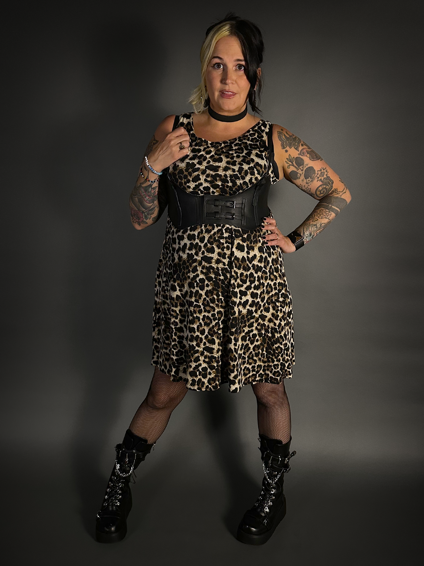 Outfit Set - Leopard Print Lightweight Stretch Dress with Pockets & Underbust Harness Corset Belt