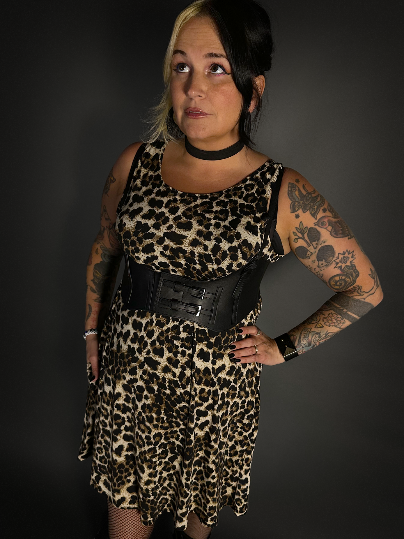 Outfit Set - Leopard Print Lightweight Stretch Dress with Pockets & Underbust Harness Corset Belt