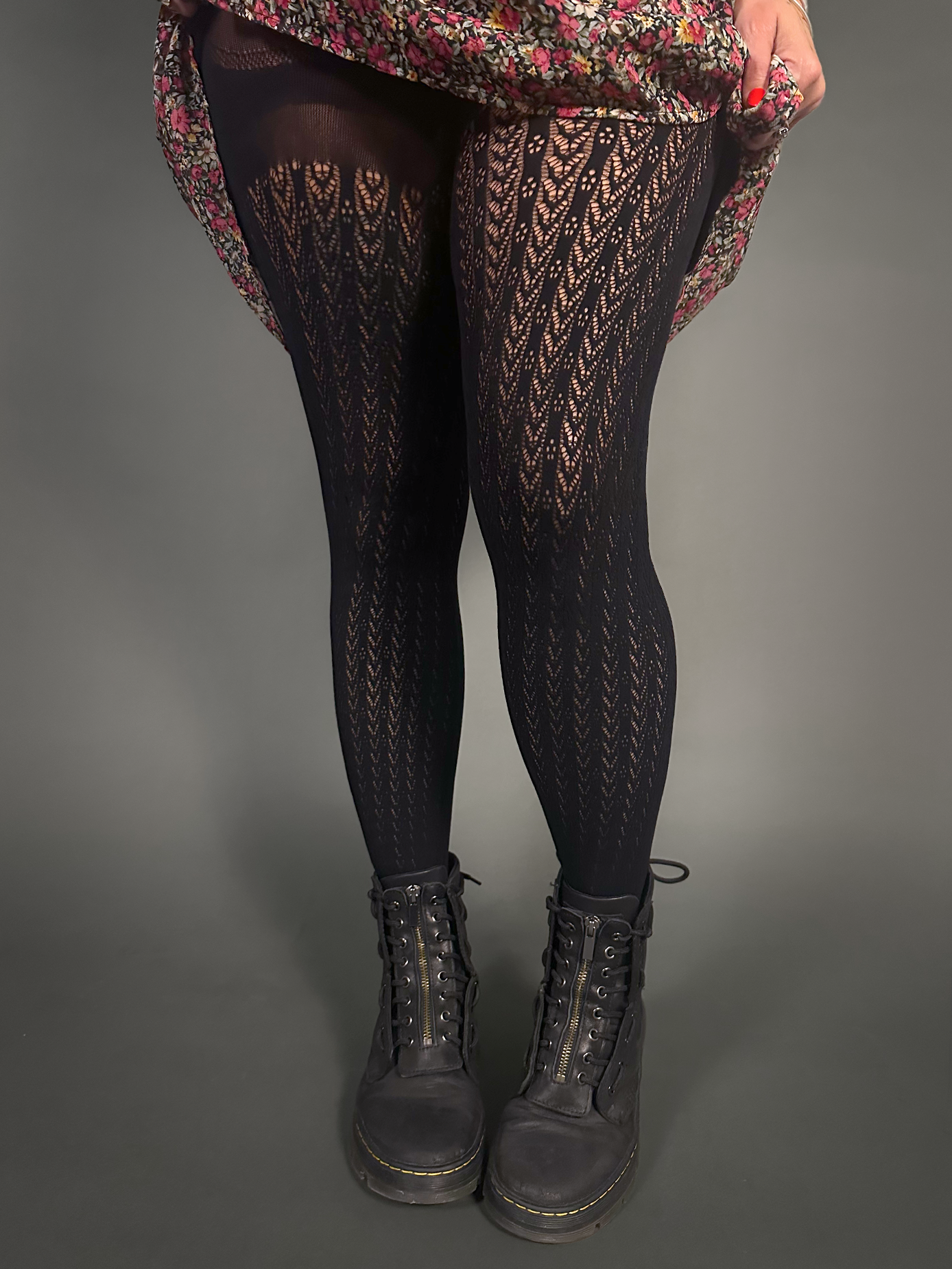 Outfit Set - Lined Ruffled Square Neck Floral Print Babydoll Dress & Chevron Knit Tights by Pamela Mann