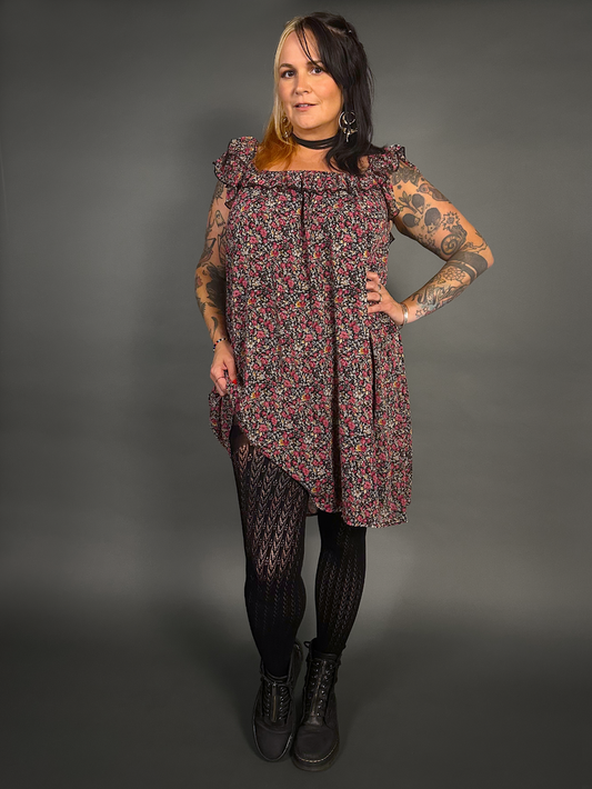 Outfit Set - Lined Ruffled Square Neck Floral Print Babydoll Dress & Chevron Knit Tights by Pamela Mann