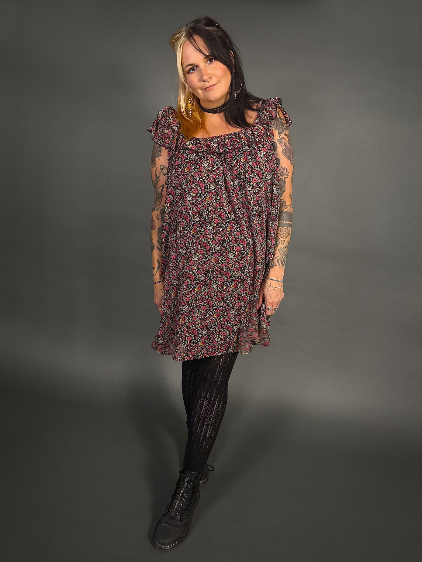 Outfit Set - Lined Ruffled Square Neck Floral Print Babydoll Dress & Chevron Knit Tights by Pamela Mann