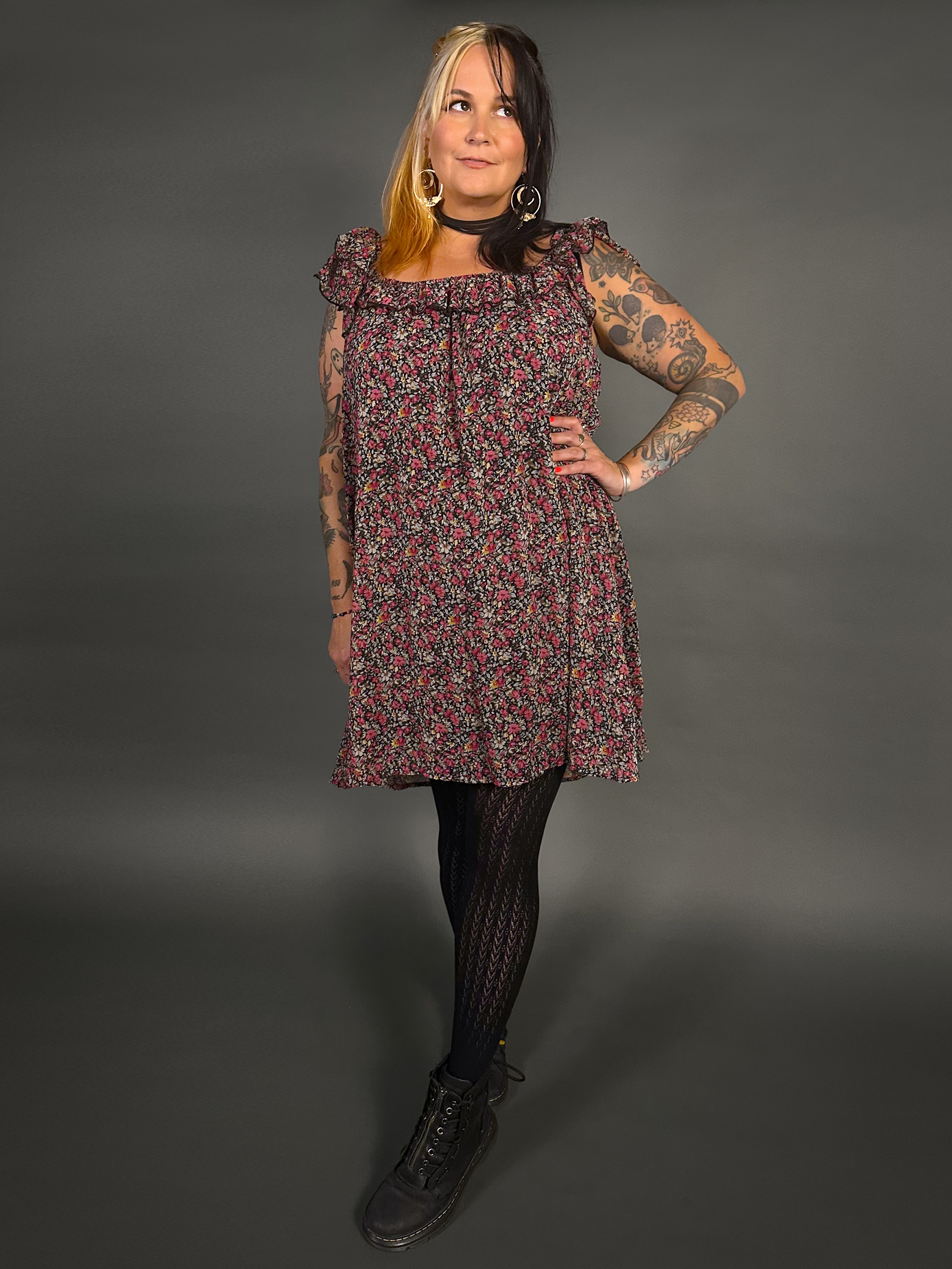 Outfit Set - Lined Ruffled Square Neck Floral Print Babydoll Dress & Chevron Knit Tights by Pamela Mann