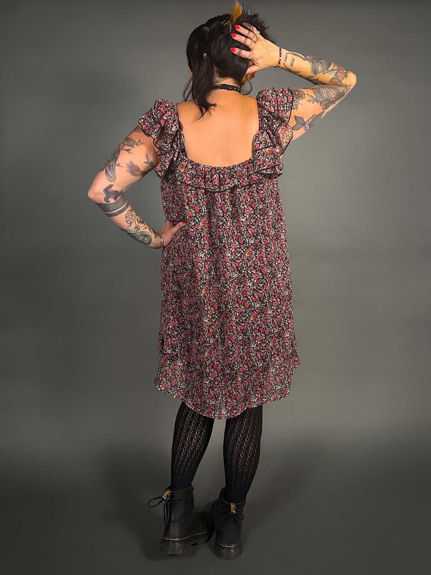 Outfit Set - Lined Ruffled Square Neck Floral Print Babydoll Dress & Chevron Knit Tights by Pamela Mann