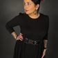 Outfit Set - Long Sleeve Ribbed Babydoll Dress & Retro Style Textured Buckle Corset Belt