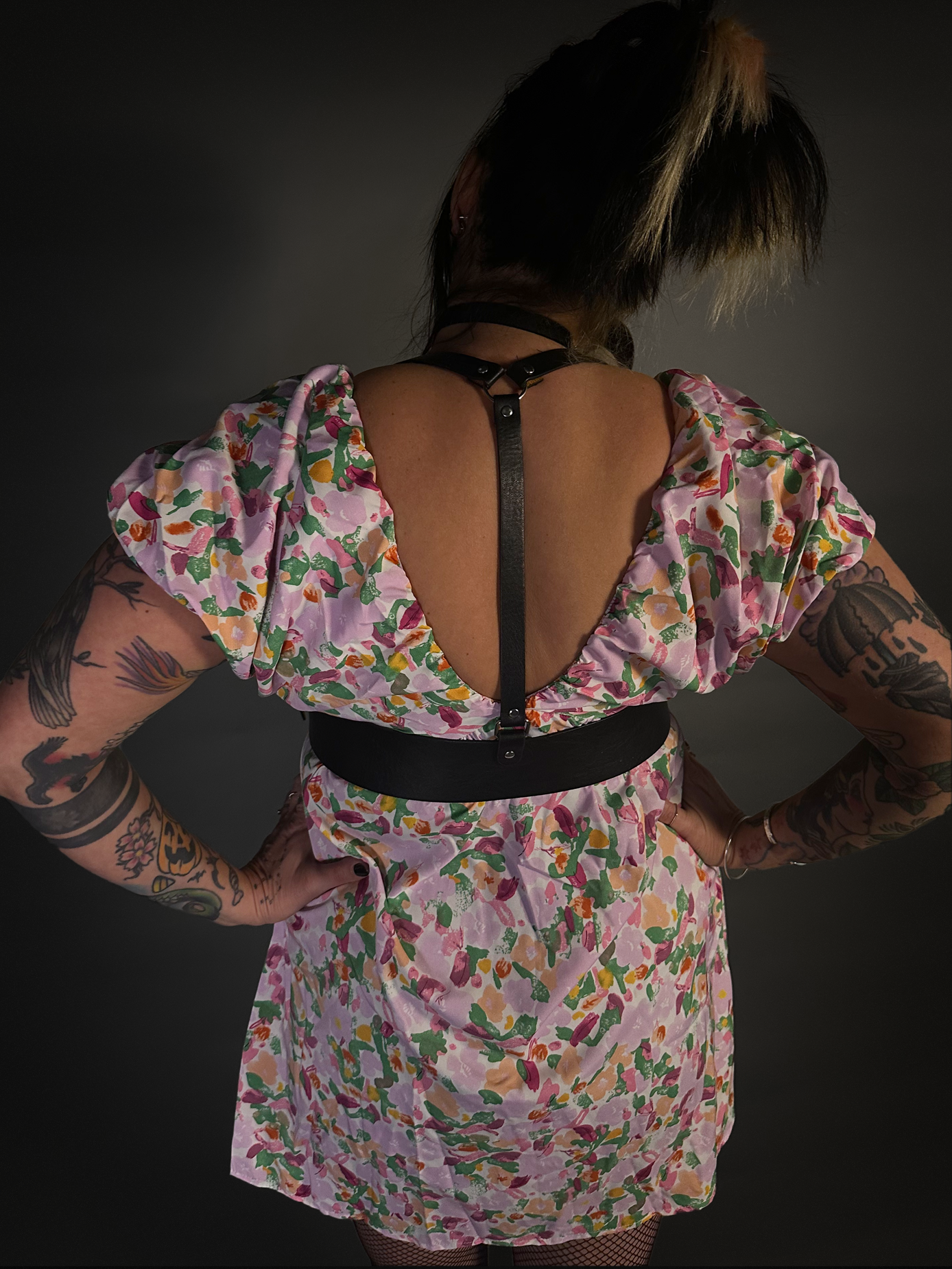 Outfit Set - Puff Sleeve Deep V Neck Floral Fairy Dress & Black Shoulder Harness Belt