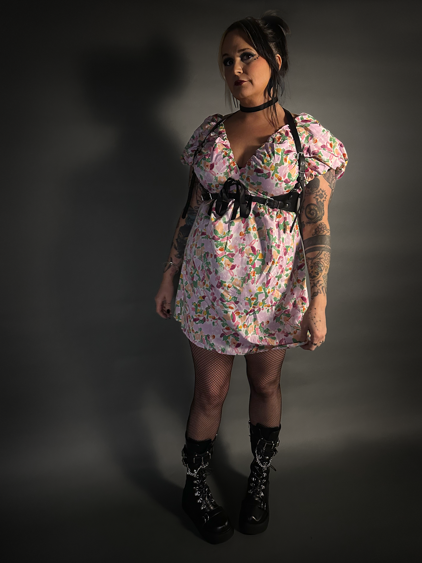 Outfit Set - Puff Sleeve Deep V Neck Floral Fairy Dress & Black Shoulder Harness Belt