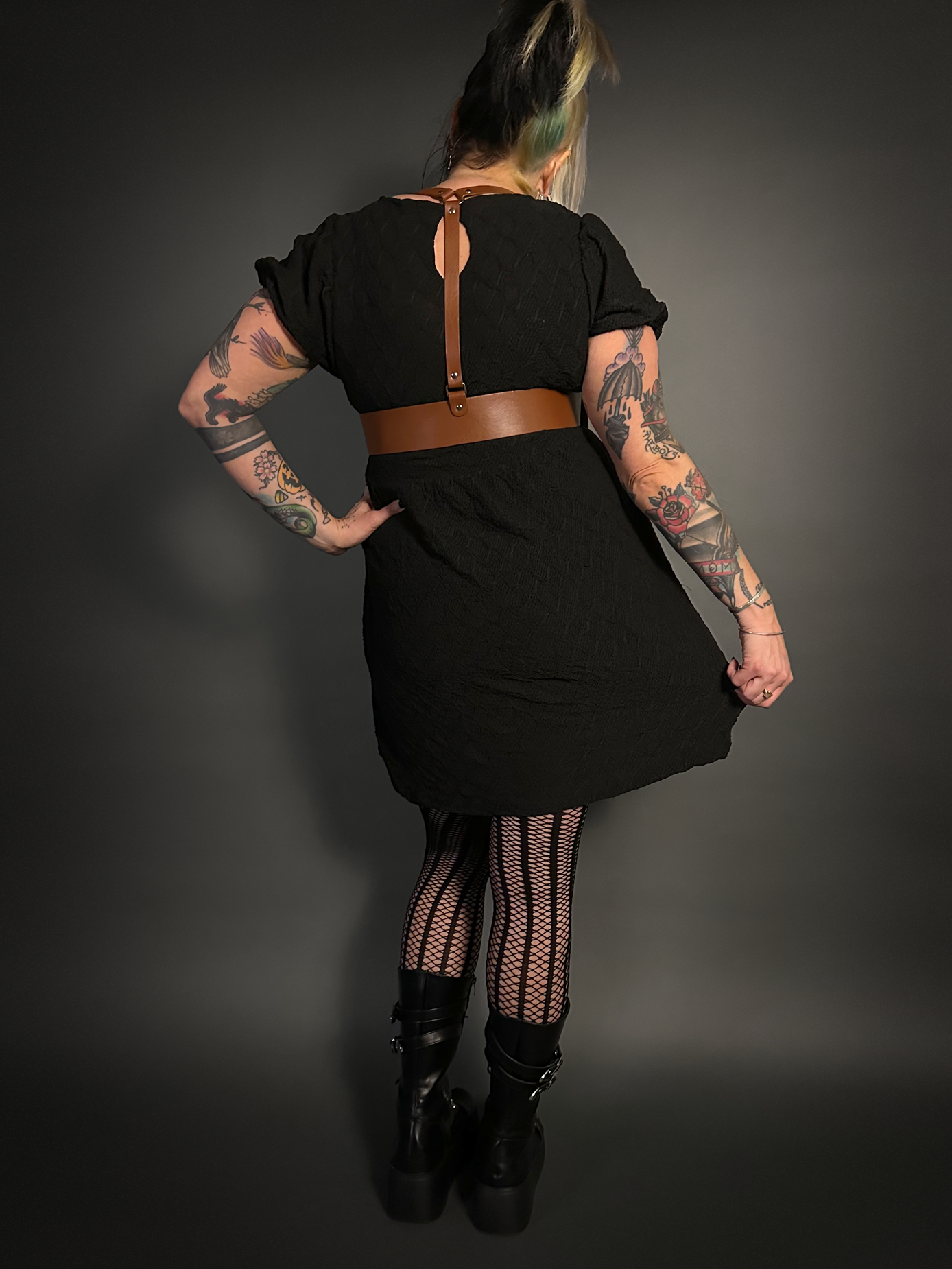 Outfit Set - Puff Sleeve Empire Waist Mini Dress with Pockets & Brown Shoulder Harness Belt 3X (18/20) Dress / Large (Fits M-L / 31"-38" Underbust) / Outfit Set - Puff Sleeve Empire Waist Mini Dress with Pockets & Brown Shoulder Harness Belt 3X (18/20) Dress / Large (Fits M-L / 31"-38" Underbust) /