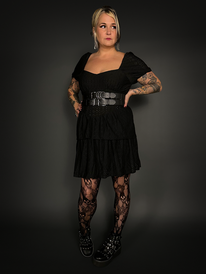 Outfit Set - Puff Sleeve French Retro Cake Dress & Double Strap Harness Belt Punk / Goth