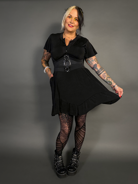 Outfit Set - Ruffled Flare Hem Babydoll Dress in Black & Three O-ring Front Corset Belt