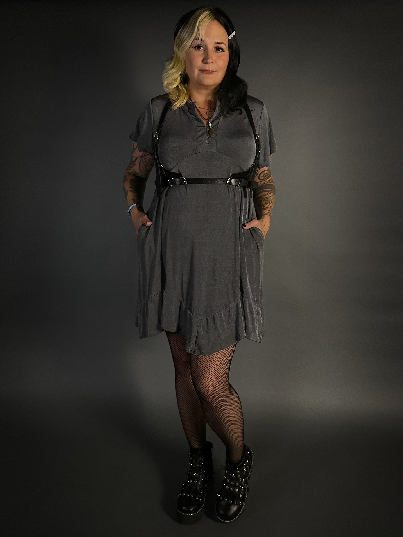 Outfit Set - Ruffled Hem Button Collar Babydoll Dress with Pockets & Black Shoulder Harness Belt