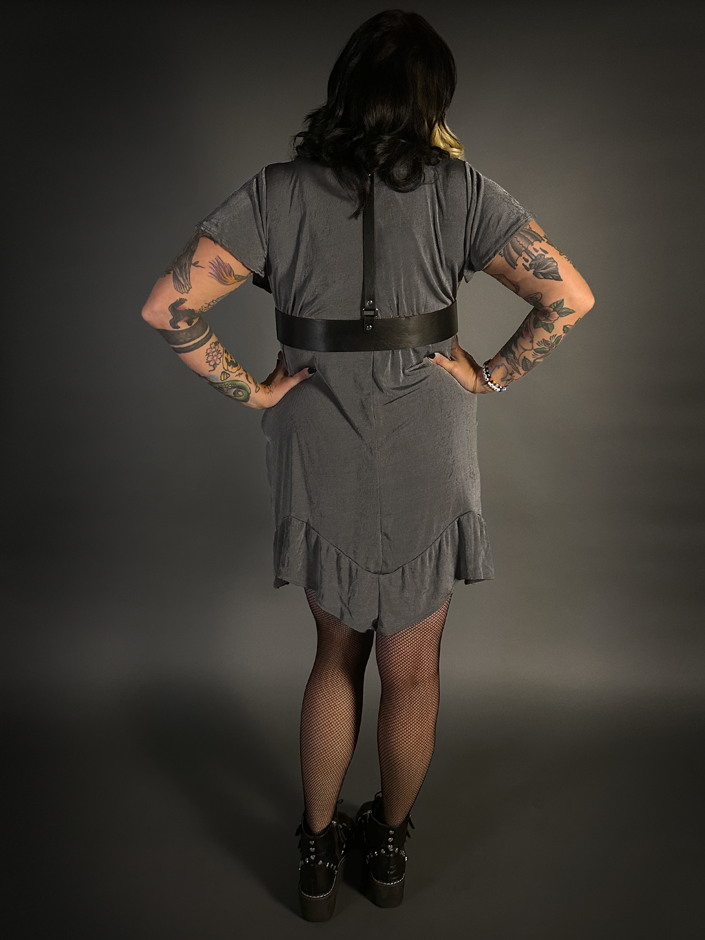 Outfit Set - Ruffled Hem Button Collar Babydoll Dress with Pockets & Black Shoulder Harness Belt