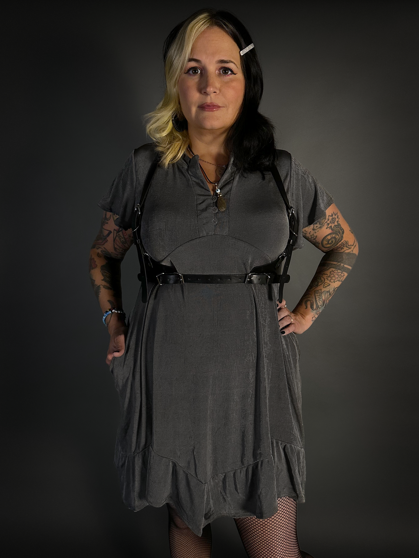 Outfit Set - Ruffled Hem Button Collar Babydoll Dress with Pockets & Black Shoulder Harness Belt