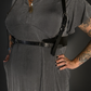 Outfit Set - Ruffled Hem Button Collar Babydoll Dress with Pockets & Black Shoulder Harness Belt