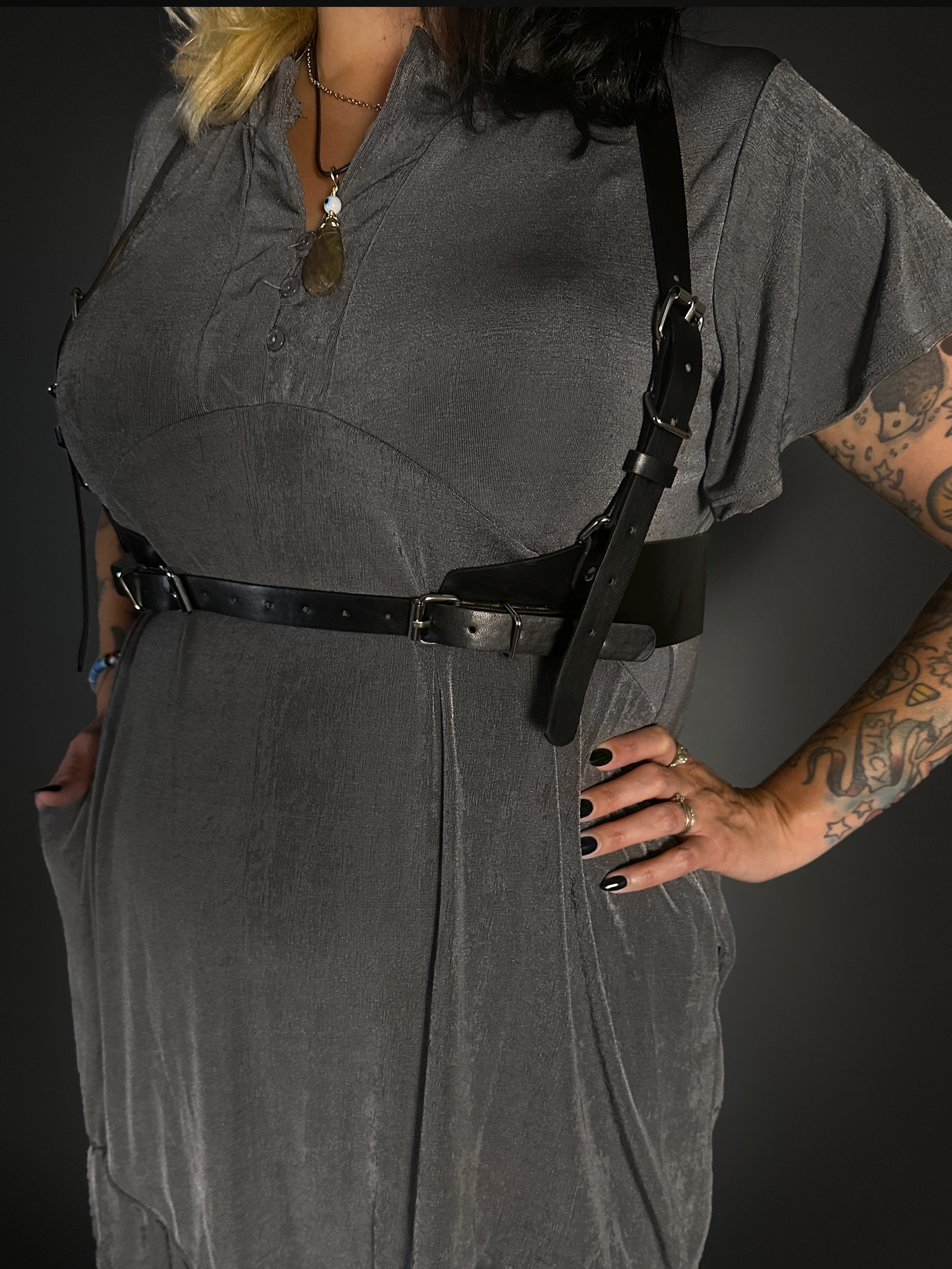 Outfit Set - Ruffled Hem Button Collar Babydoll Dress with Pockets & Black Shoulder Harness Belt