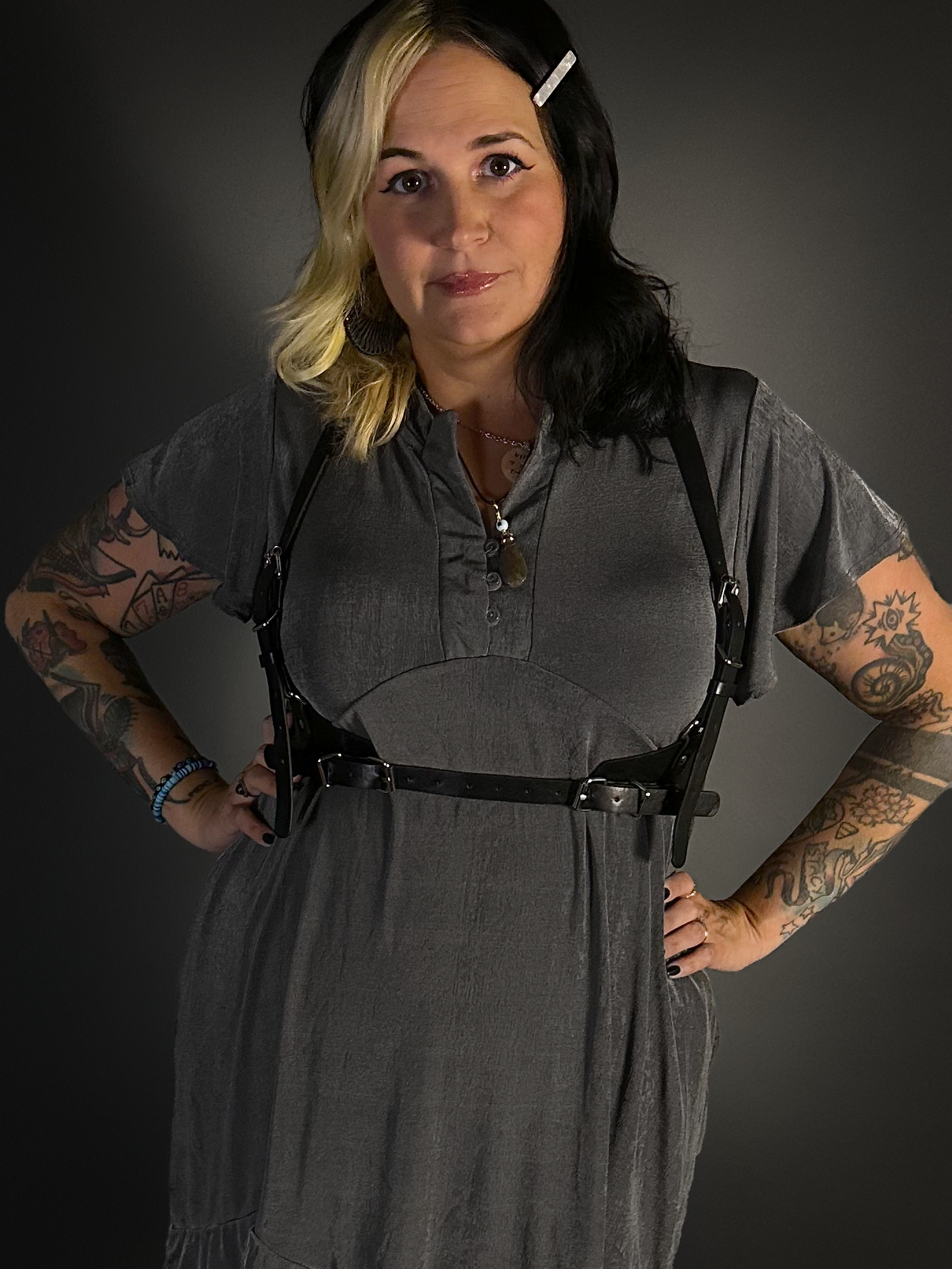 Outfit Set - Ruffled Hem Button Collar Babydoll Dress with Pockets & Black Shoulder Harness Belt