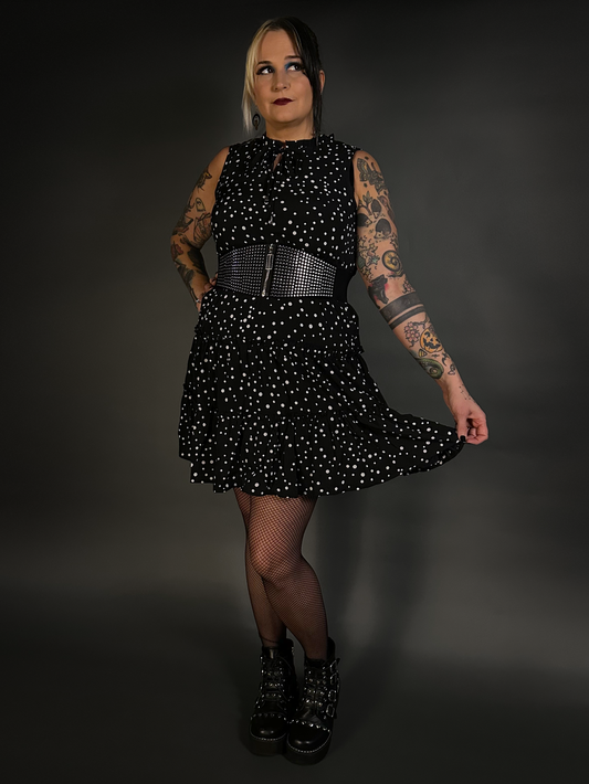 Outfit Set - Sleeveless Abstract Polka Dot Dress & Round Studs Zip-up Corset Belt Punk Style