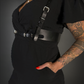 Outfit Set - Split Flair Sleeve Swiss Dot Mini Dress with Pockets & Black Shoulder Harness Belt