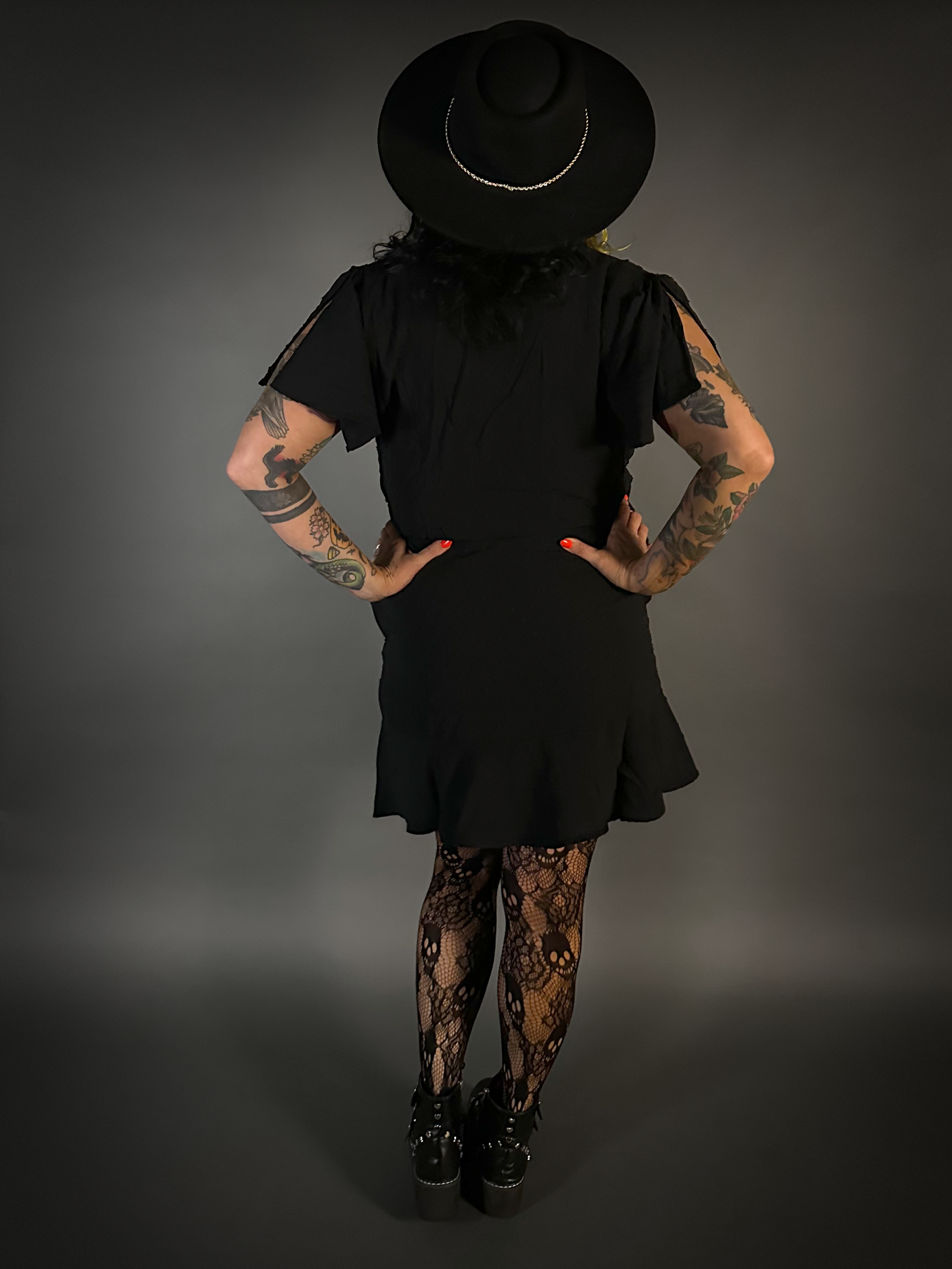 Outfit Set - Split Flair Sleeve Swiss Dot Mini Dress with Pockets & Rose & Skull Tights