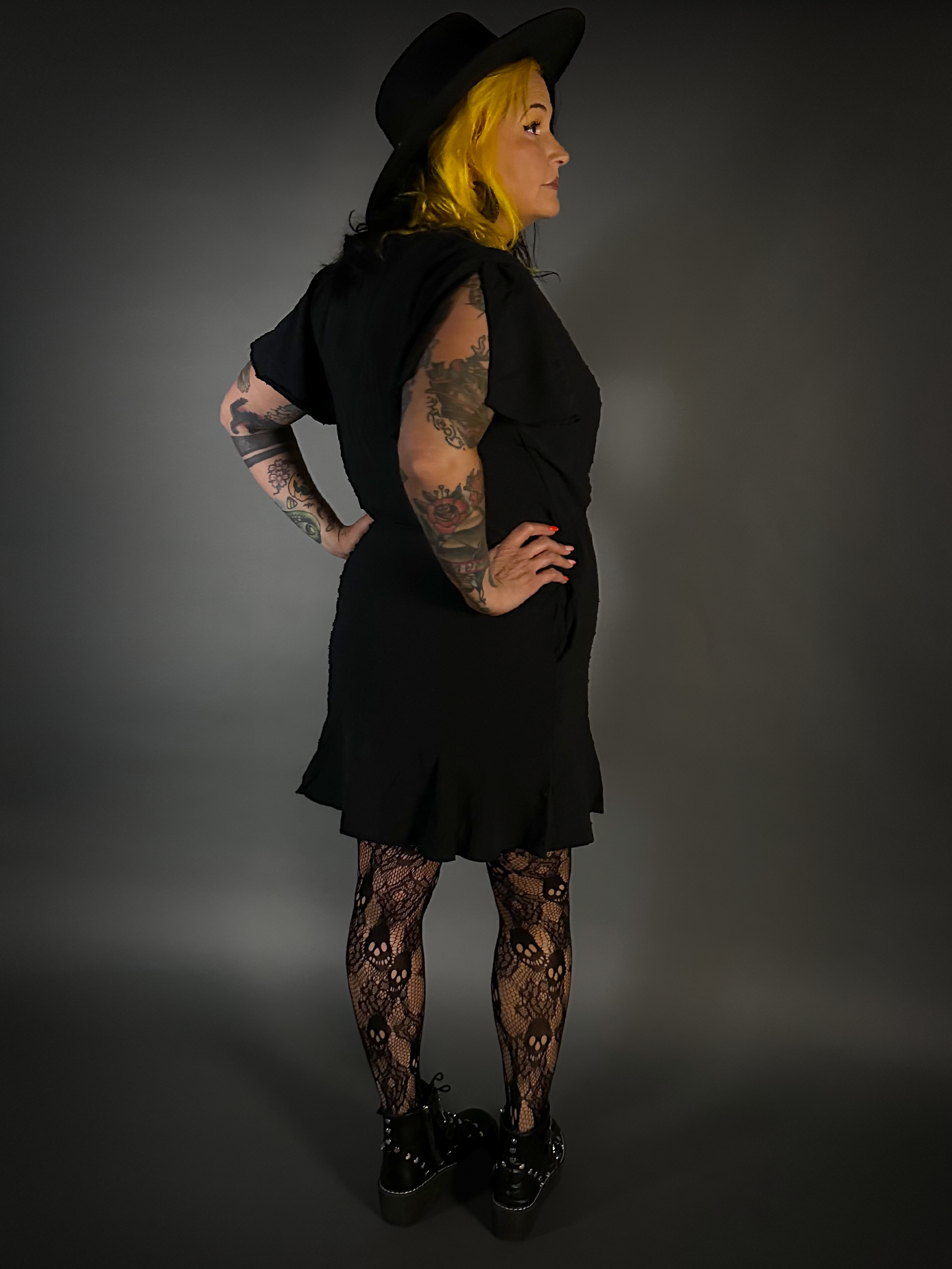 Outfit Set - Split Flair Sleeve Swiss Dot Mini Dress with Pockets & Rose & Skull Tights