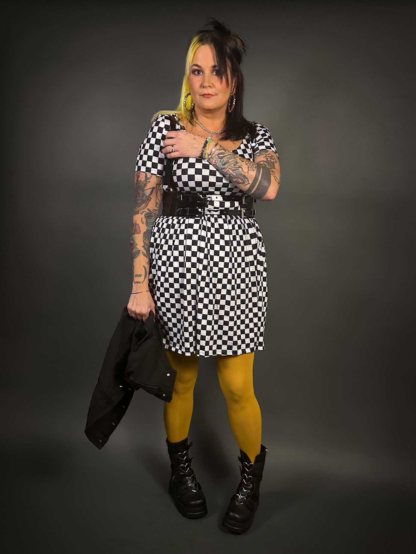 Outfit Set - Tommyrot Checkered Short Sleeve Skater Dress & Patent PU Leather Harness Belt M / Regular - Fits S-xl (32"-39" Underbust/Waist) / Black & Outfit Set - Tommyrot Checkered Short Sleeve Skater Dress & Patent PU Leather Harness Belt M / Regular - Fits S-xl (32"-39" Underbust/Waist) / Black &
