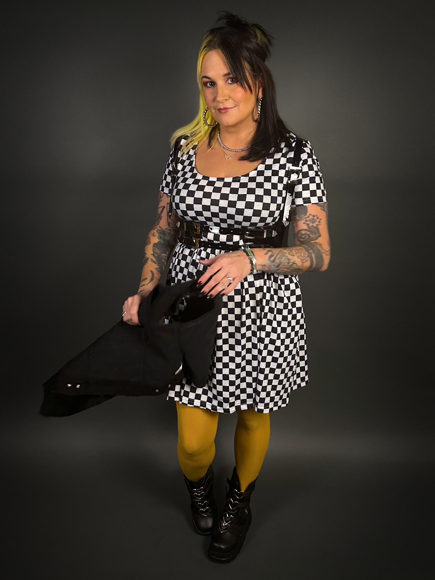 Outfit Set - Tommyrot Checkered Short Sleeve Skater Dress & Patent PU Leather Harness Belt