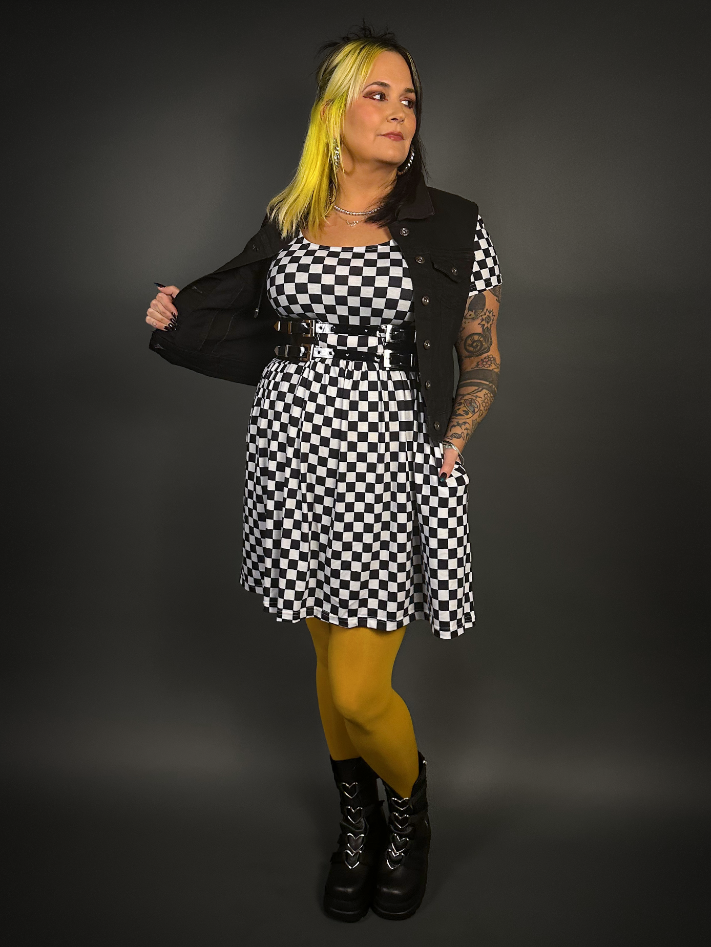 Outfit Set - Tommyrot Checkered Short Sleeve Skater Dress & Patent PU Leather Harness Belt