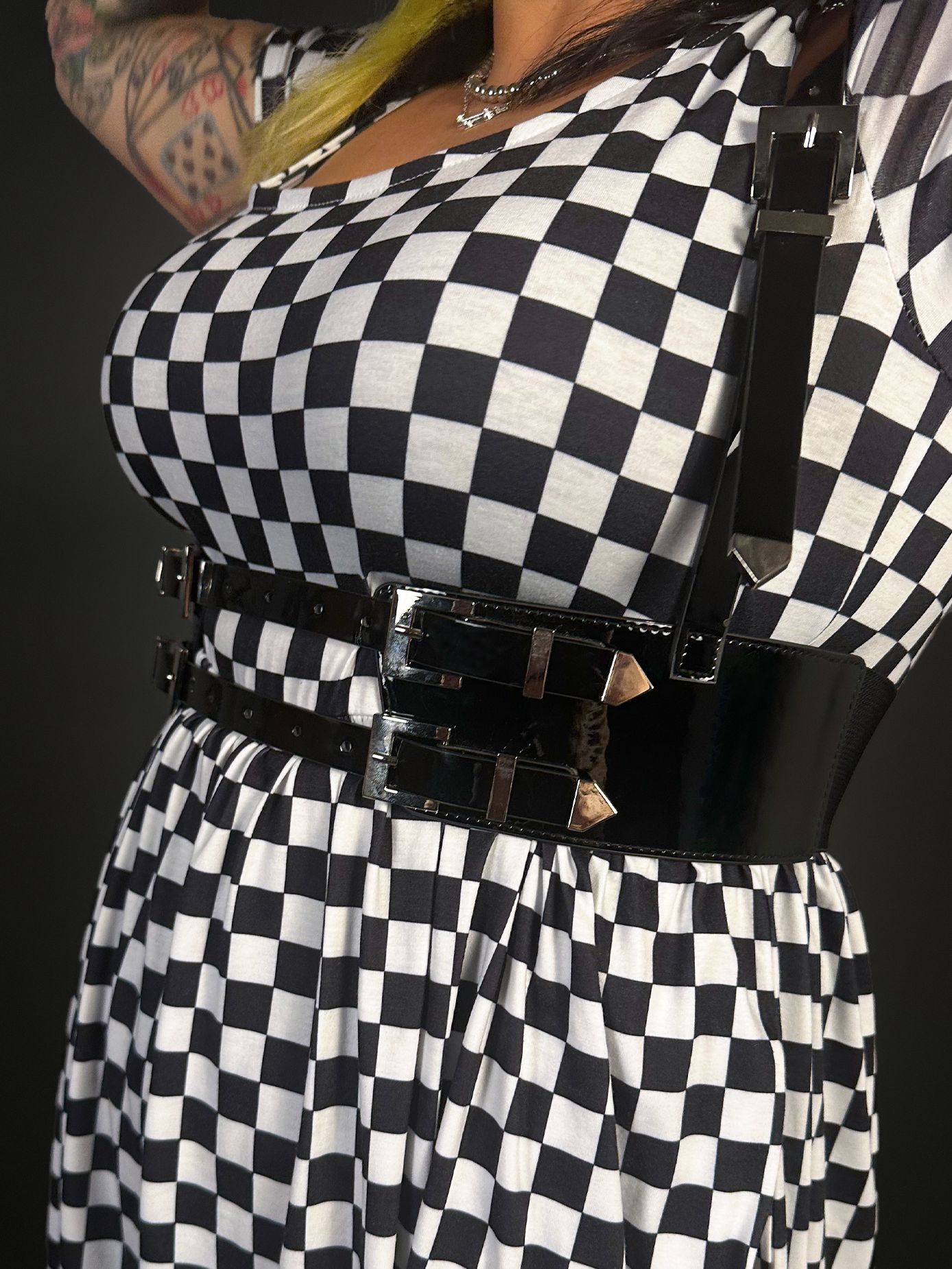 Outfit Set - Tommyrot Checkered Short Sleeve Skater Dress & Patent PU Leather Harness Belt