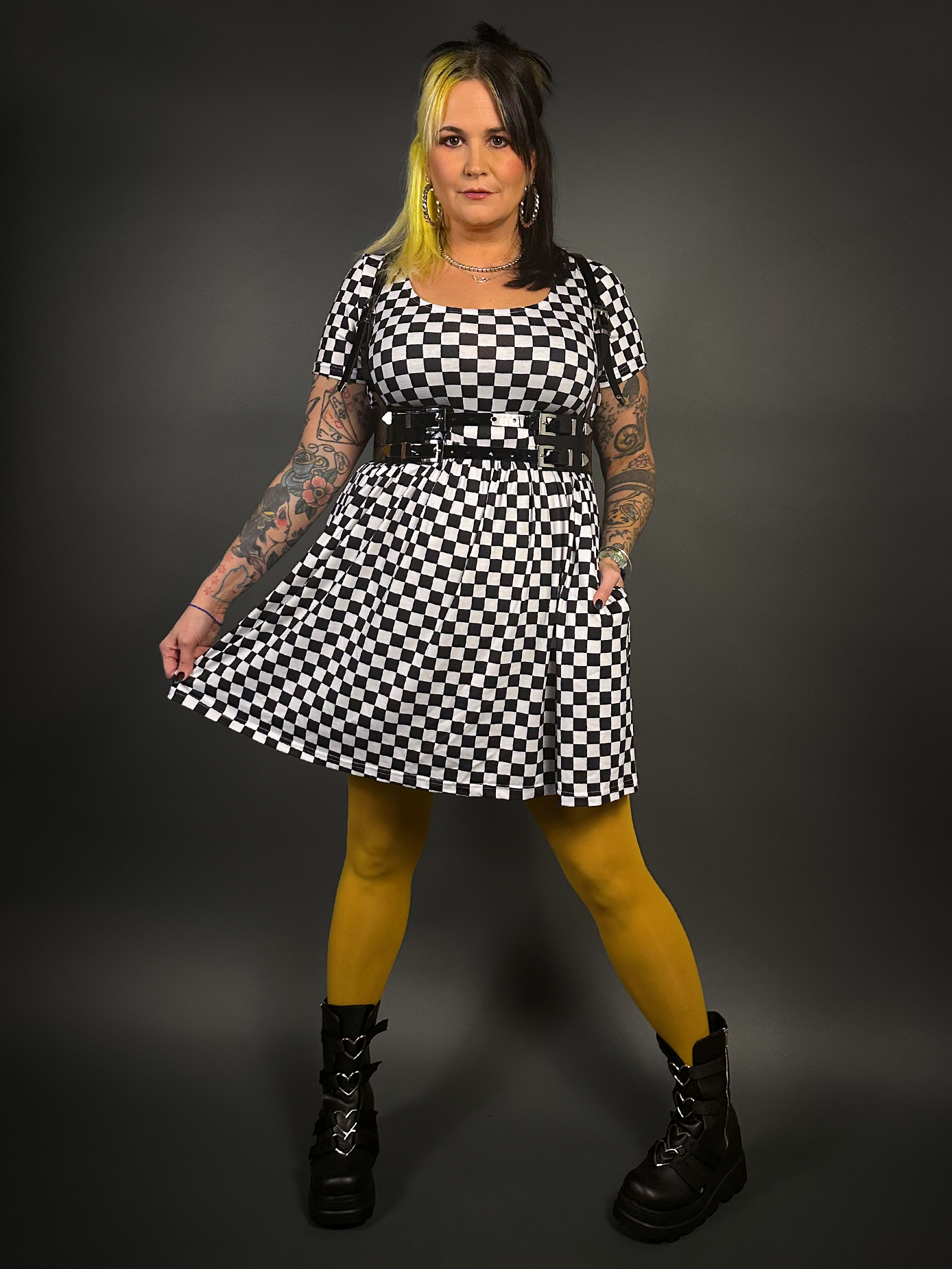 Outfit Set - Tommyrot Checkered Short Sleeve Skater Dress & Patent PU Leather Harness Belt M / Regular
