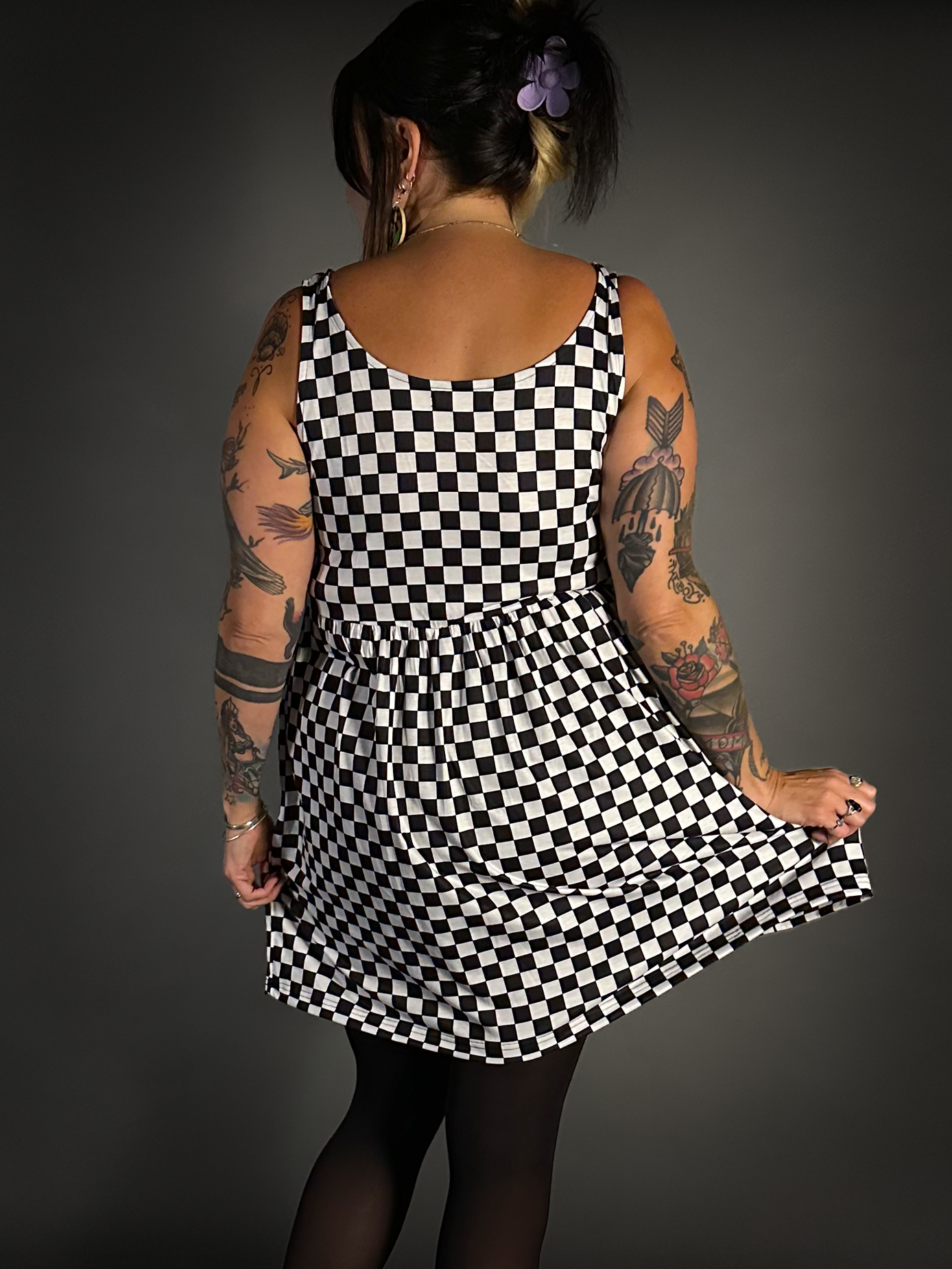 Outfit Set - Tommyrot Checkered Skater Dress & 50 Denier Black Tights by Pamela Mann