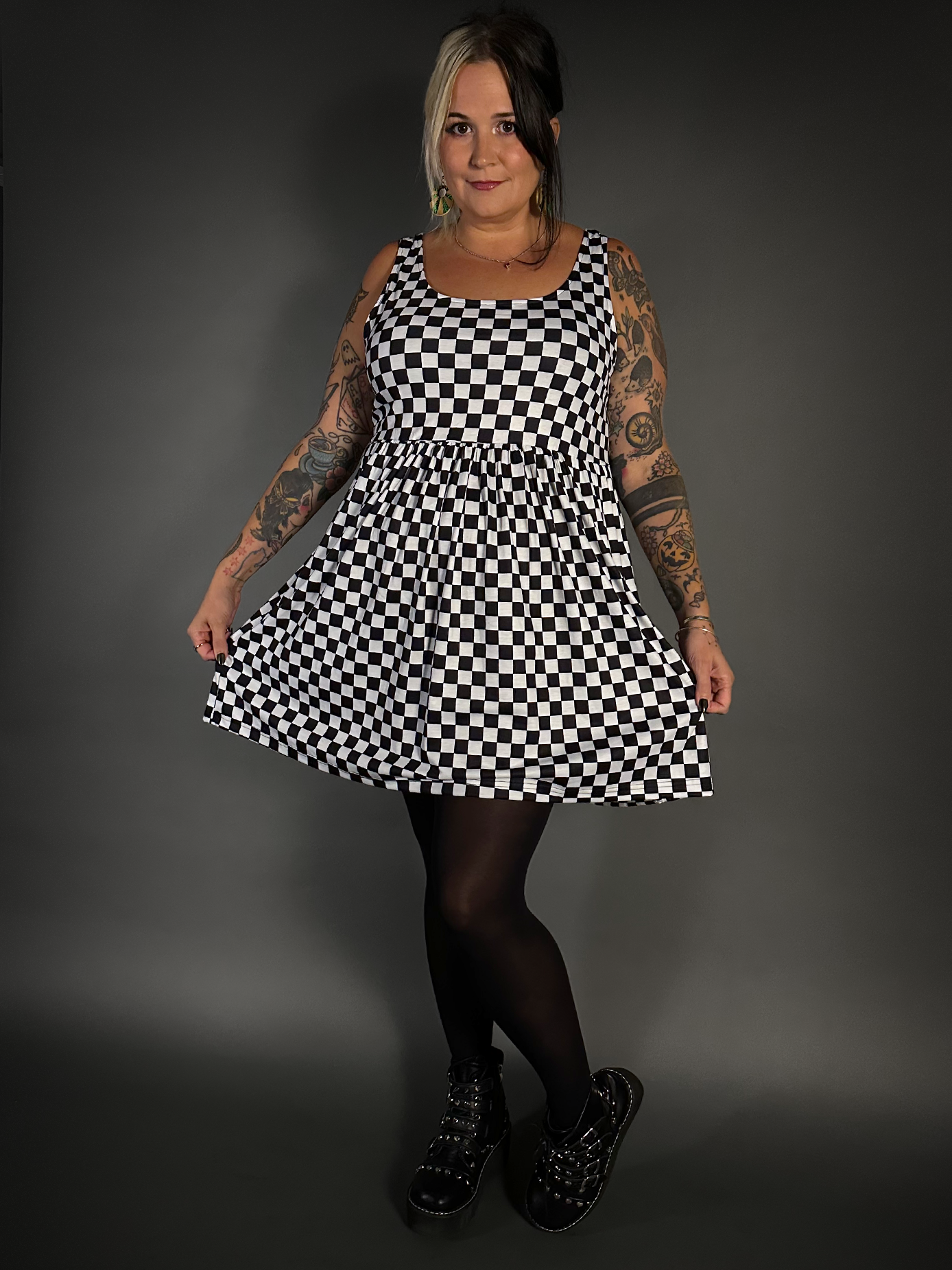 Outfit Set - Tommyrot Checkered Skater Dress & 50 Denier Black Tights by Pamela Mann