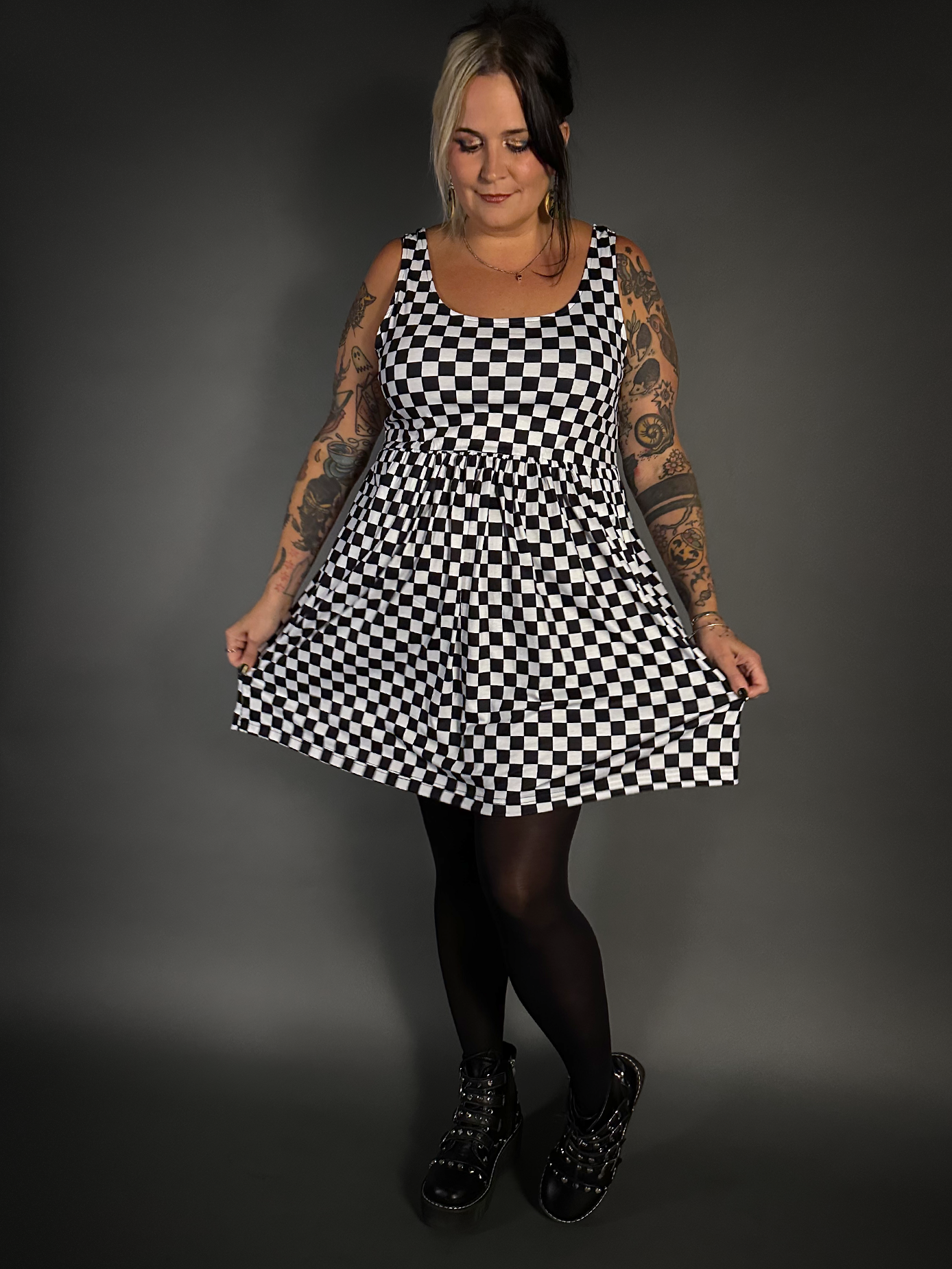 Outfit Set - Tommyrot Checkered Skater Dress & 50 Denier Black Tights by Pamela Mann