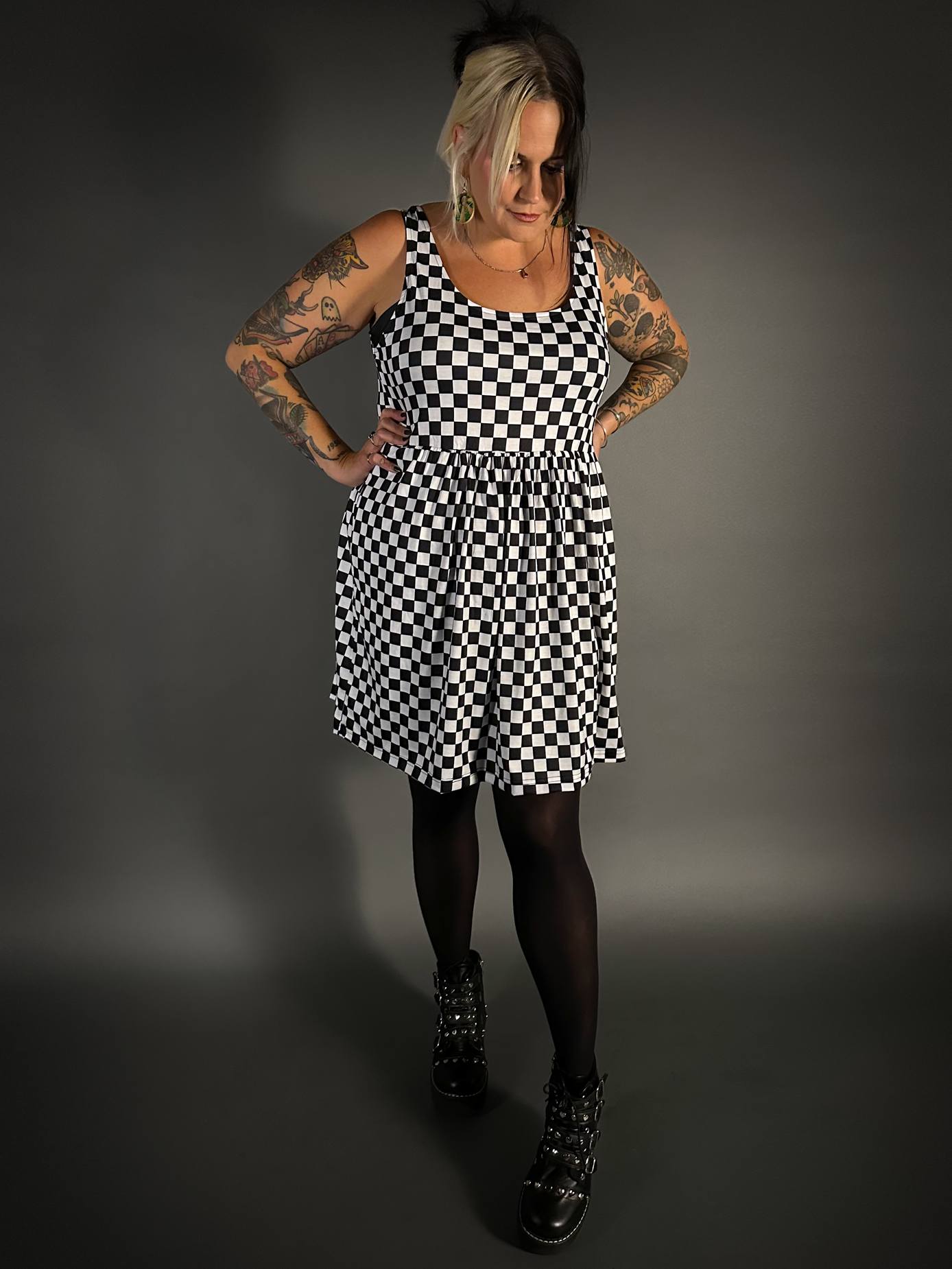 Outfit Set - Tommyrot Checkered Skater Dress & 50 Denier Black Tights by Pamela Mann