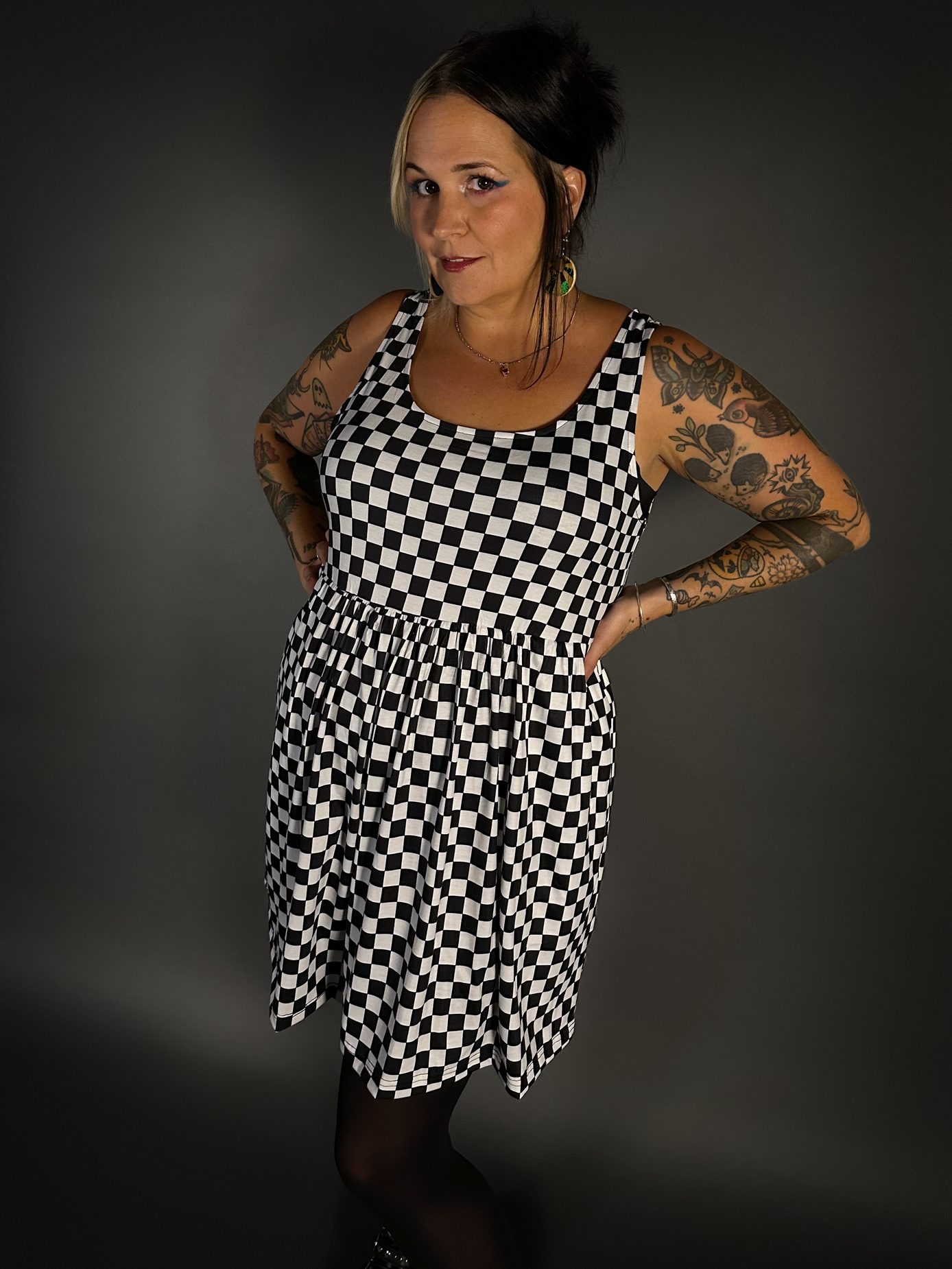 Outfit Set - Tommyrot Checkered Skater Dress & 50 Denier Black Tights by Pamela Mann