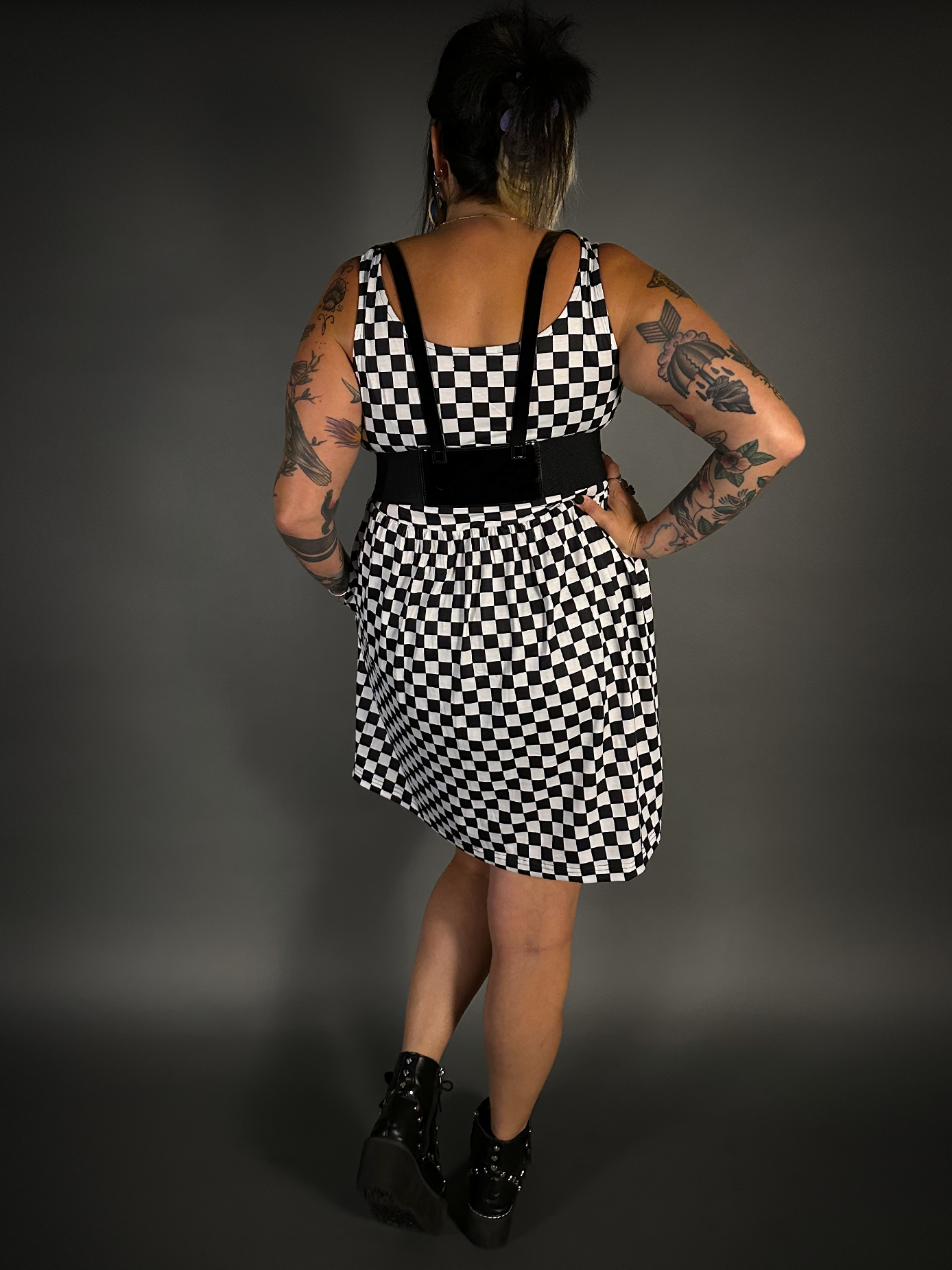 Outfit Set - Tommyrot Checkered Skater Dress & Patent PU Leather Two Buckle Harness Belt