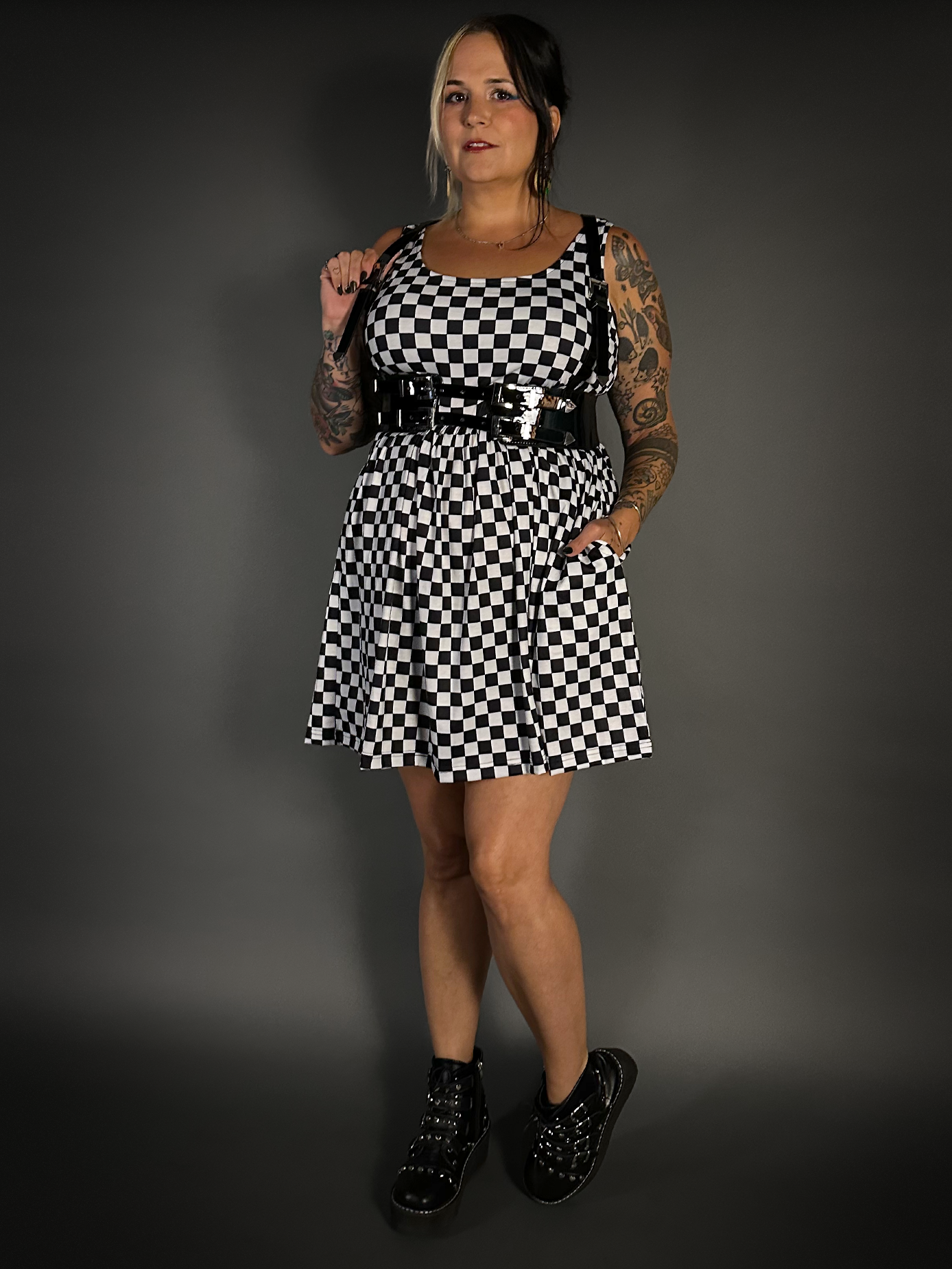 Outfit Set - Tommyrot Checkered Skater Dress & Patent PU Leather Two Buckle Harness Belt