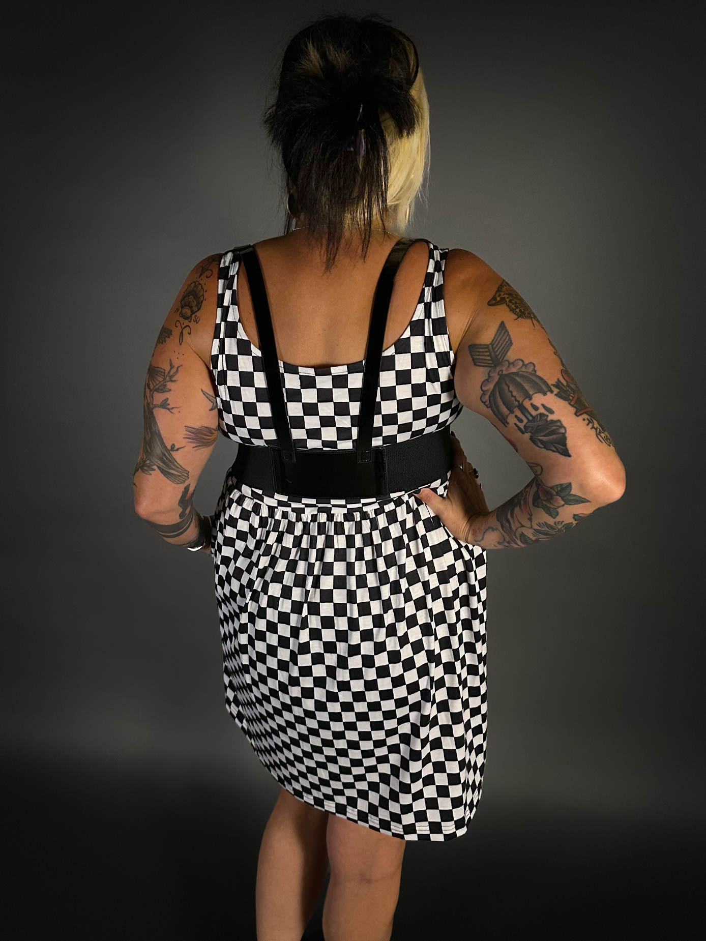 Outfit Set - Tommyrot Checkered Skater Dress & Patent PU Leather Two Buckle Harness Belt