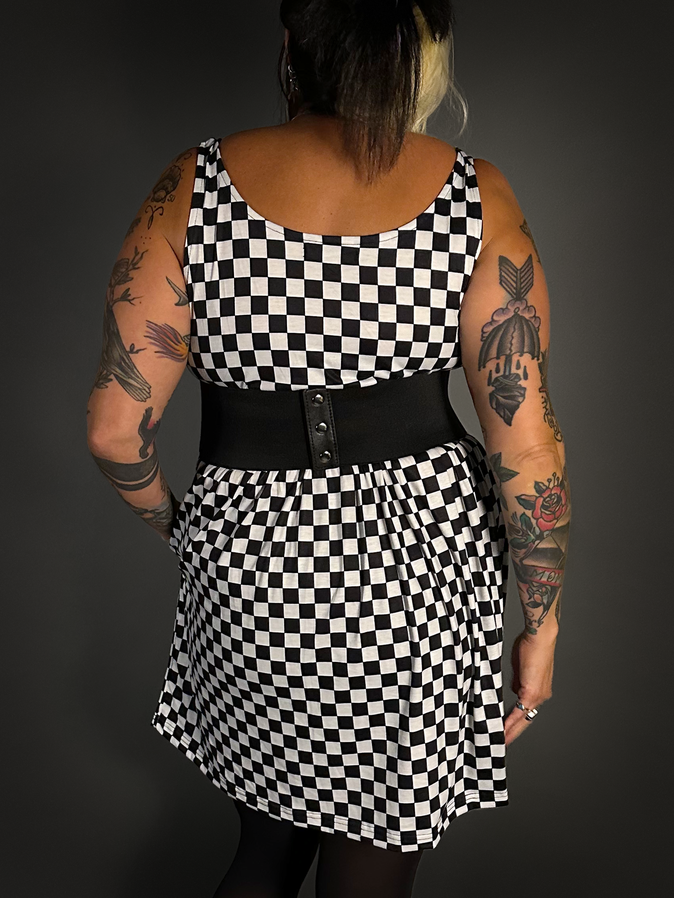 Outfit Set - Tommyrot Checkered Skater Dress & Three O-ring Front Detail Corset Belt