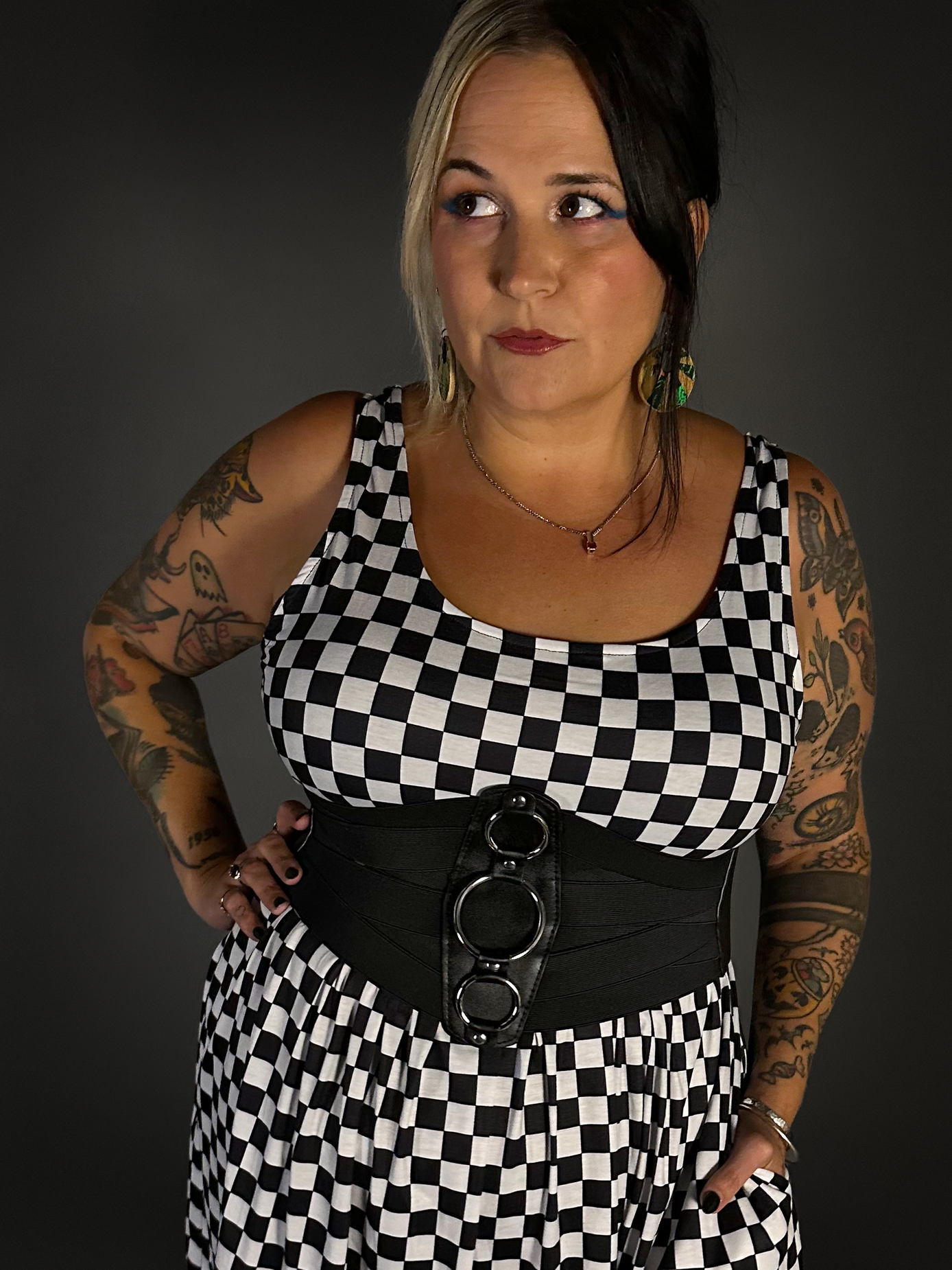 Outfit Set - Tommyrot Checkered Skater Dress & Three O-ring Front Detail Corset Belt