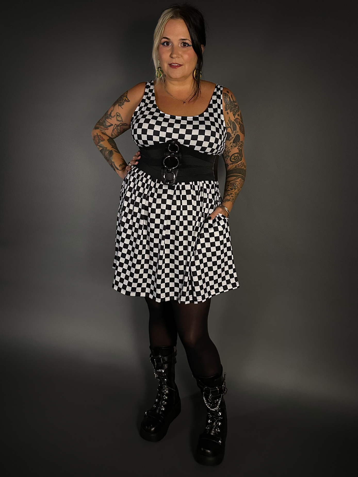 Outfit Set - Tommyrot Checkered Skater Dress & Three O-ring Front Detail Corset Belt